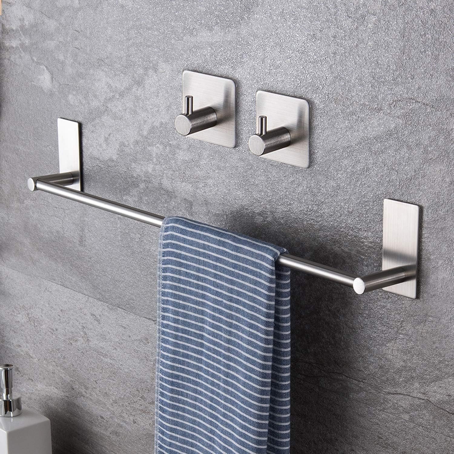 Taozun 16-Inch Towel Bar – Self Adhesive Bathroom Towel Holder with 2 Packs Towel Hooks, Stainless Steel Bathroom Hardware Accessory Kit, No Drilling