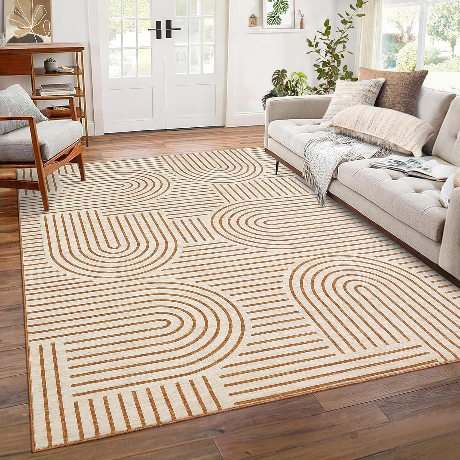 ROYHOME Washable Rug 6×9 Area Rugs for Living Room, Abstract Rug for Bedroom, Soft Rainbow Non Slip Throw Rugs with Rubber, Low Pile Stain Resistant Boho Geometric Carpet for Dining Room, Orange
