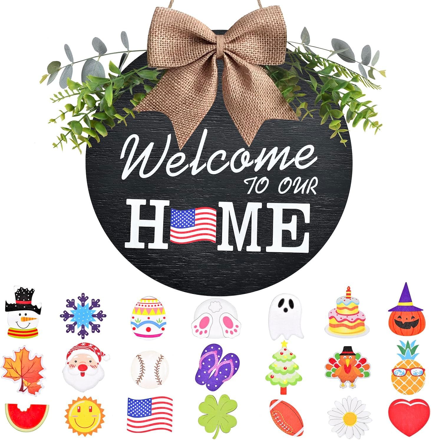Interchangeable Welcome Home Sign, Seasonal Front Porch Door Decor With 21 Changeable Seasonal Icons for Halloween/Christmas/Independence Day, Rustic Wood Wreaths for Housewarming Gift (12″) (Black)
