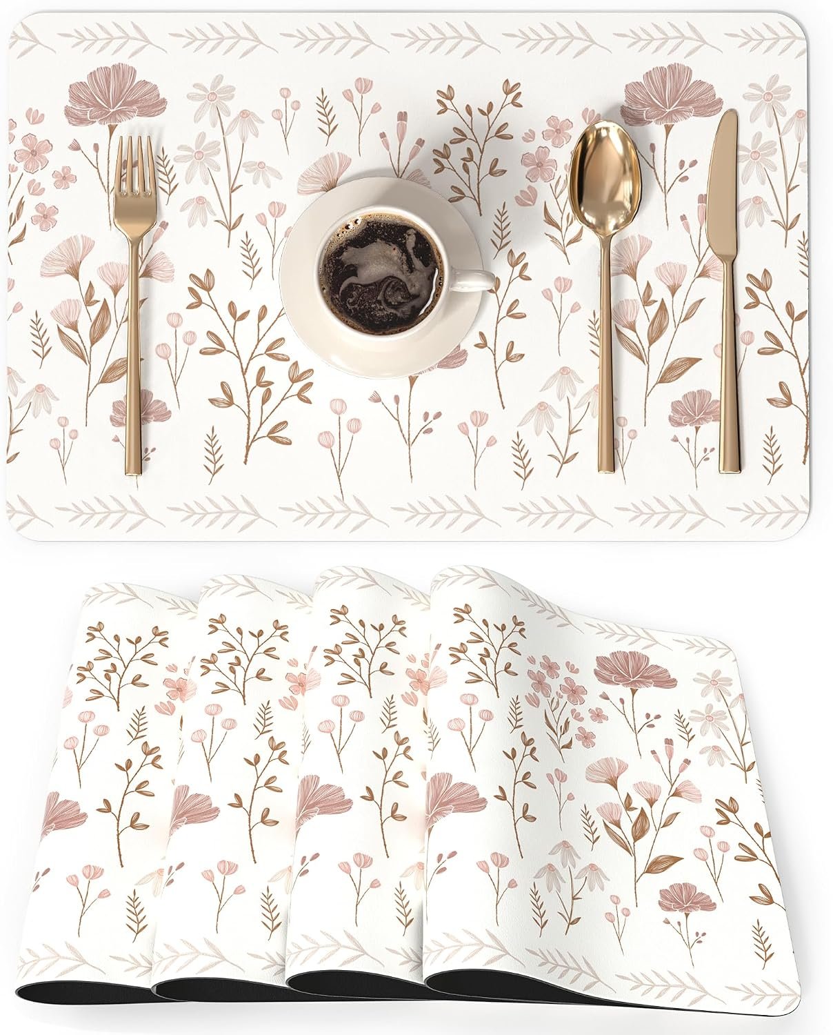 QIYI Placemats Set of 6, 12×18 Inch Faux Leather Place Mats for Kitchen Dinning, Heat Resistant Anti Slip Floral Table Mats, Waterproof Wipeable Washable Placemat Party Beige Table Décor, Pink Flowers