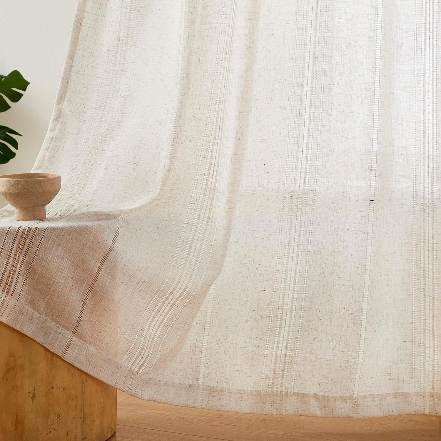 MYSKY HOME Natural Linen Boho Curtains for Living Room 84 Inches Long Light Filtering Semi Sheer Privacy Drapes for Bedroom, Farmhouse Rustic Hollowed-Out Home Decor Back Tab, 50″ W×84″ L, 2 Panels