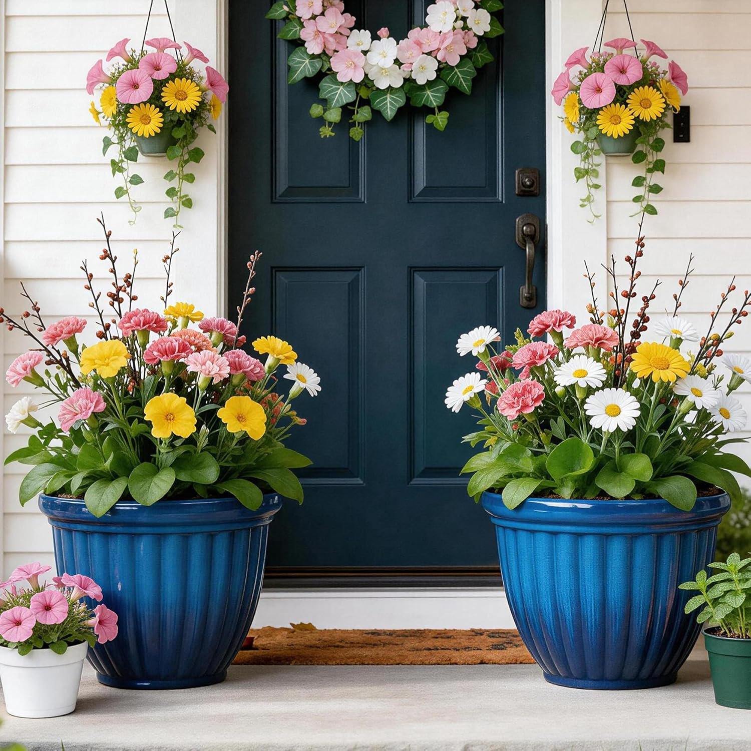 Autodaya 15″ Large Flower Pots, Set of 2 Plastic Planters for Outdoor Indoor Plants with 3D Textures, Weather-Resistant for Porch, Garden, Patio or Indoor Use, Gradient Cobalt Blue