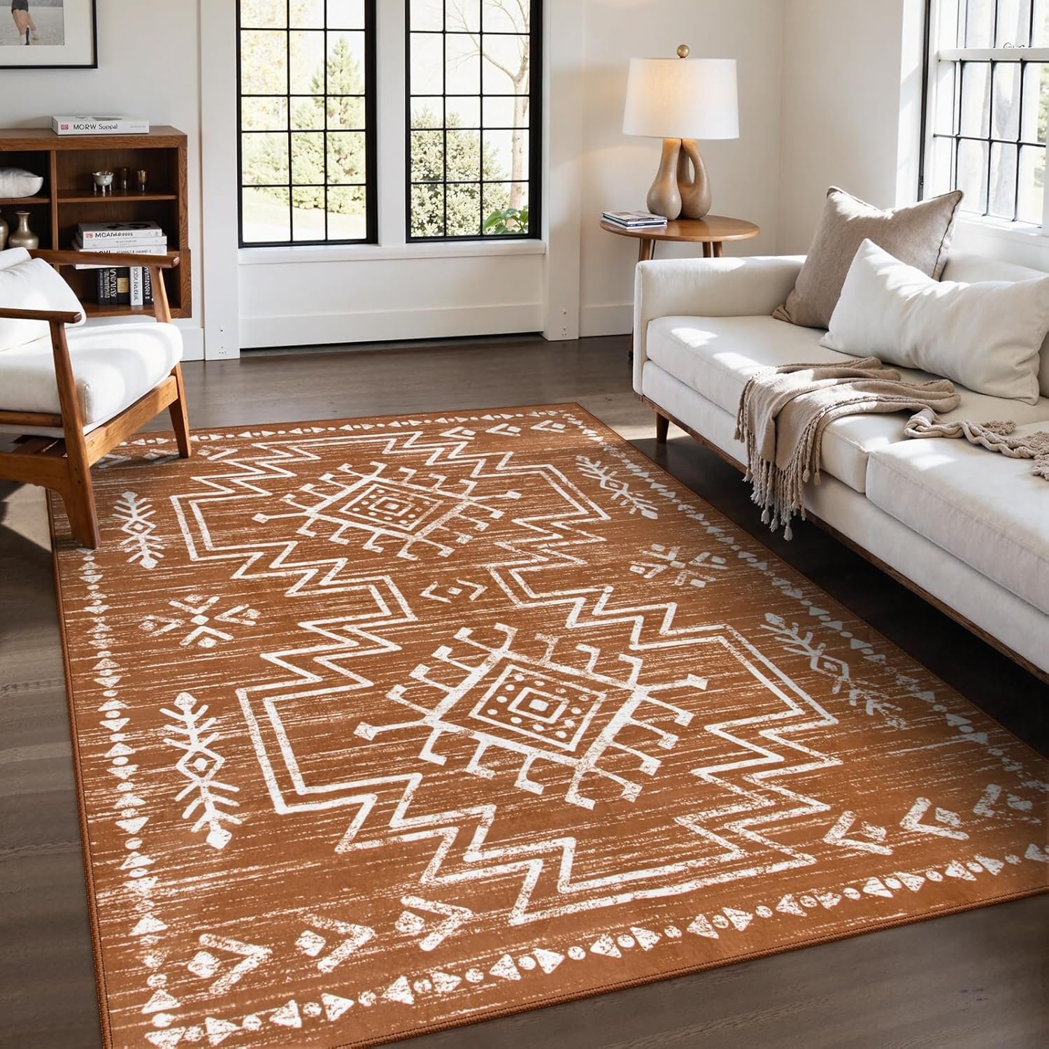 Lahome Vivienne 5×7 Boho Rugs for Living Room, Washable Bedroom Western Area Rug, Low Pile Soft Burnt Orange Carpet, Stain Resistant Distressed Fall Rug Aztec Carpets for Dining Room