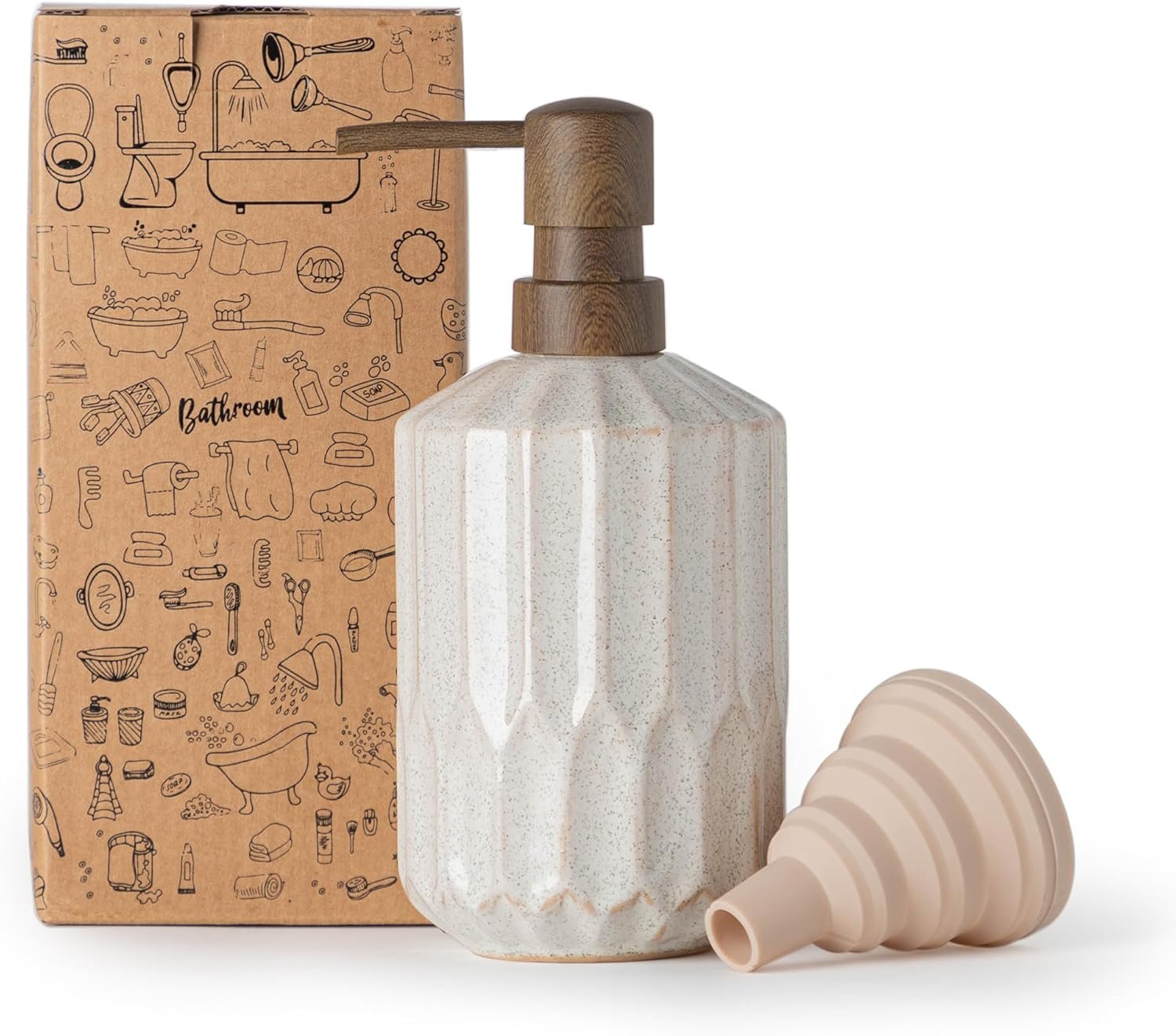 Bathroom Soap Dispenser, 16 Oz Luxurious Hand soap Dispenser for Bathroom, Ceramic Liquid Soap Dispenser for Bathroom Countertop with Plastic Pump, Silicone Funnel (Wooden Color Pump)