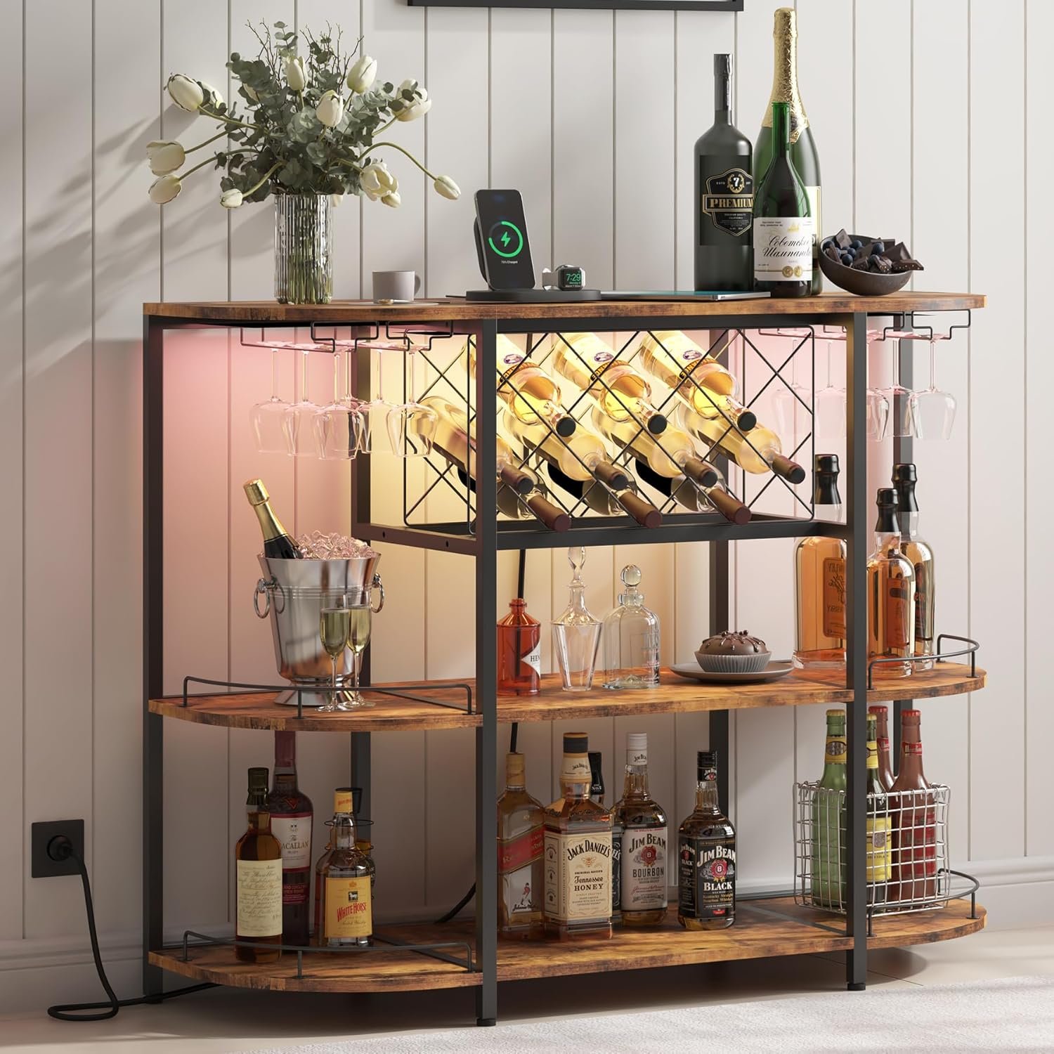 ZOPEND 3-Tier Wine Bar Cart with Remote Control LED Light and Power Socket, Retro Coffee Bar Station Liquor Cabinet with Large Storage, Home Kitchen Living Room Furniture