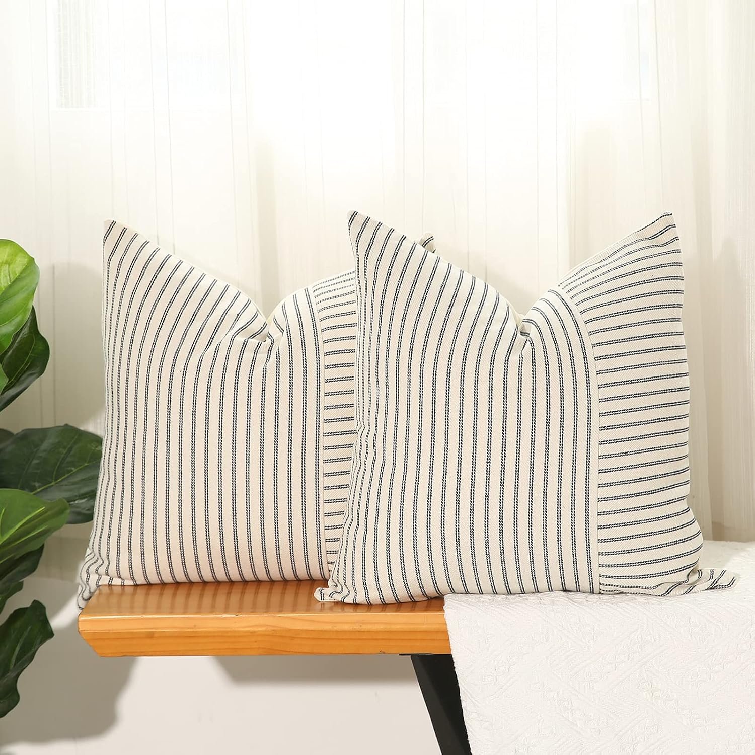 Hckot Black and Beige Patchwork Farmhouse Throw Pillows Covers 18 x 18 Inch, Pack of 2 Striped Decorative Pillow Case for Sofa Couch Bed Chair Modern Boho Decor(Black)