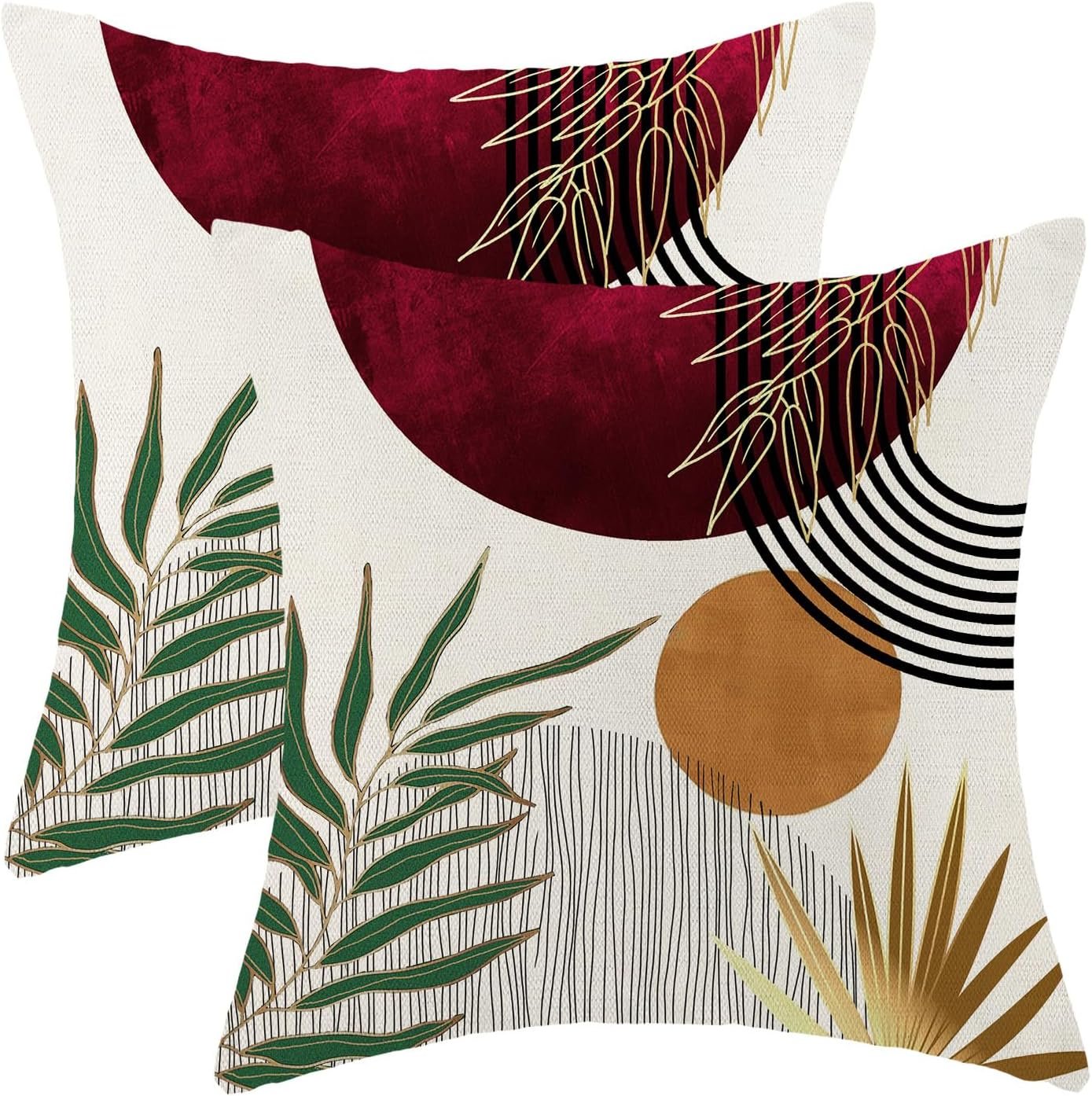 Boho Pillow Covers 18×18 Set of 2 Mid Century Burgundy Red Green Gold Sunset Throw Pillow Covers Outdoor Decor Abstract Bohemian Tropical Leaf Pillowcase Decorative Cushion Case For Couch Sofa