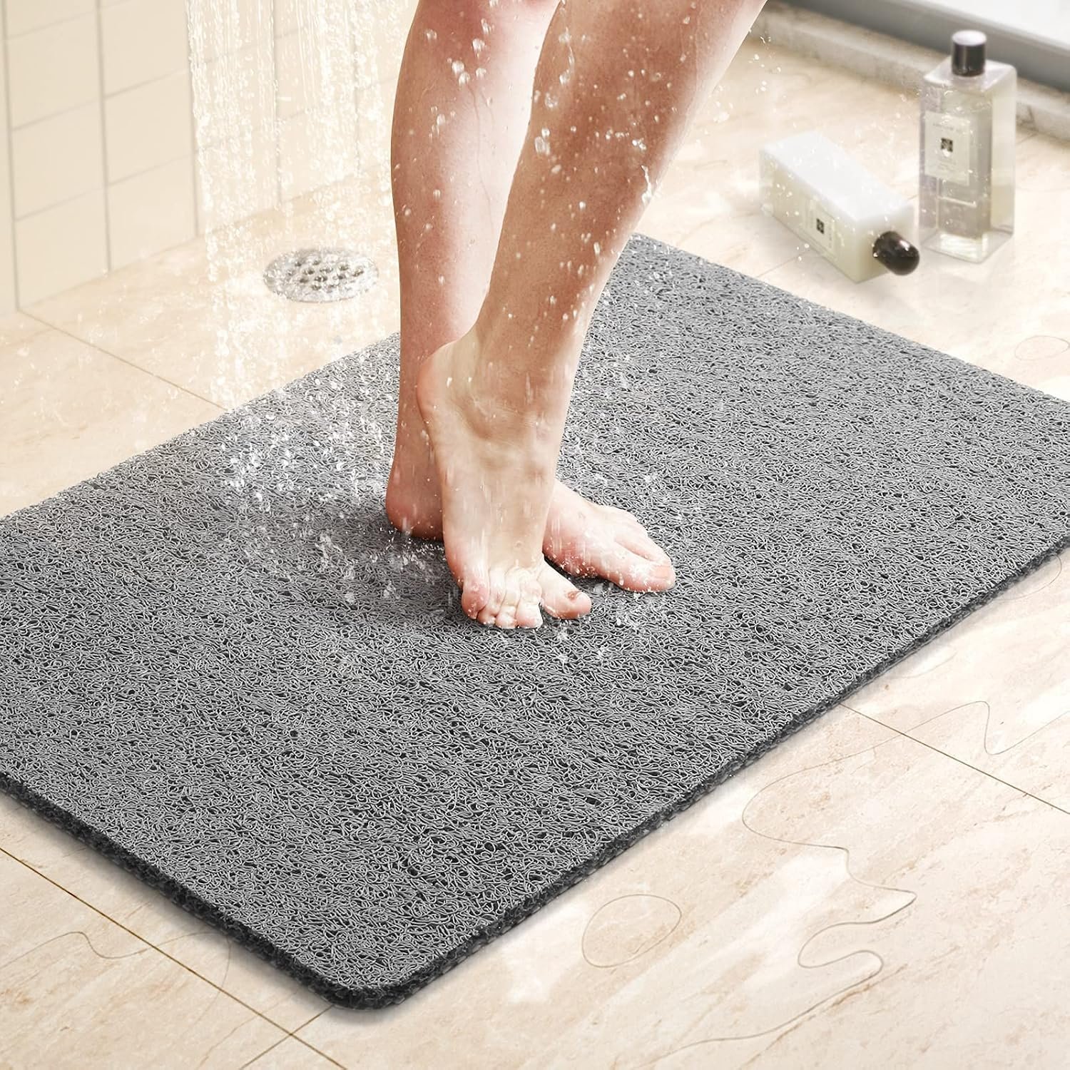 LuxStep Shower Mat Bathtub Mat,24×16 inch, Non-Slip Bath Mat with Drain, Quick Drying PVC Loofah Bathmat for Tub,Shower,Bathroom (Phthalate Free,Grey)