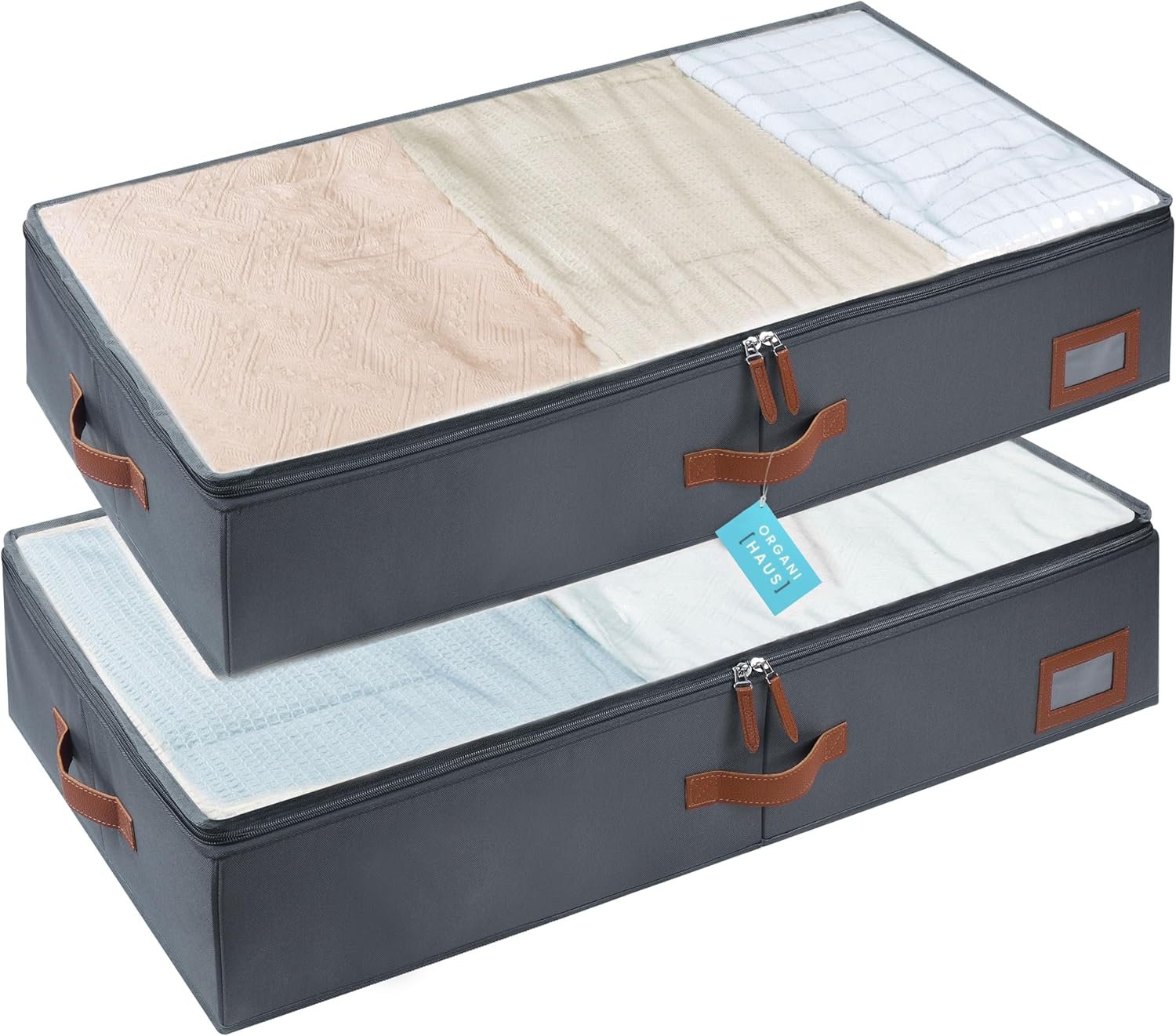 OrganiHaus Under Bed Storage Containers, Bedroom Storage and Organization Bins, Clothes Organizer for Closet with Clear Cover and Reinforced Handles – Set of 2 33x17x6 inches Gray