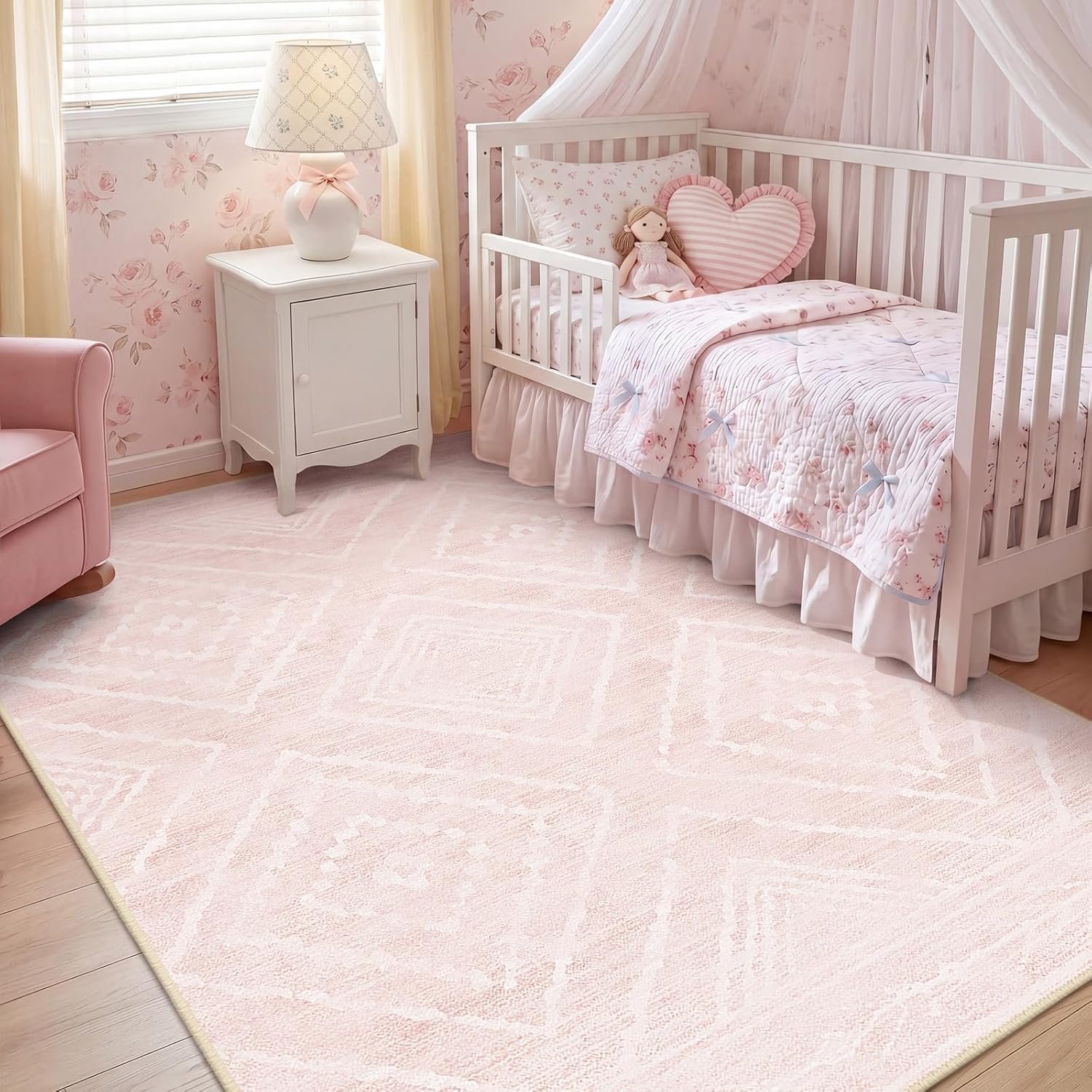 BESTSWEETIE Area Rug 5×7 Rug Machine Washable Non-Slip Low Pile Print Pattern Western Rug for Living Room Bedroom Entryway Tribal Series -Light Pink/Cream
