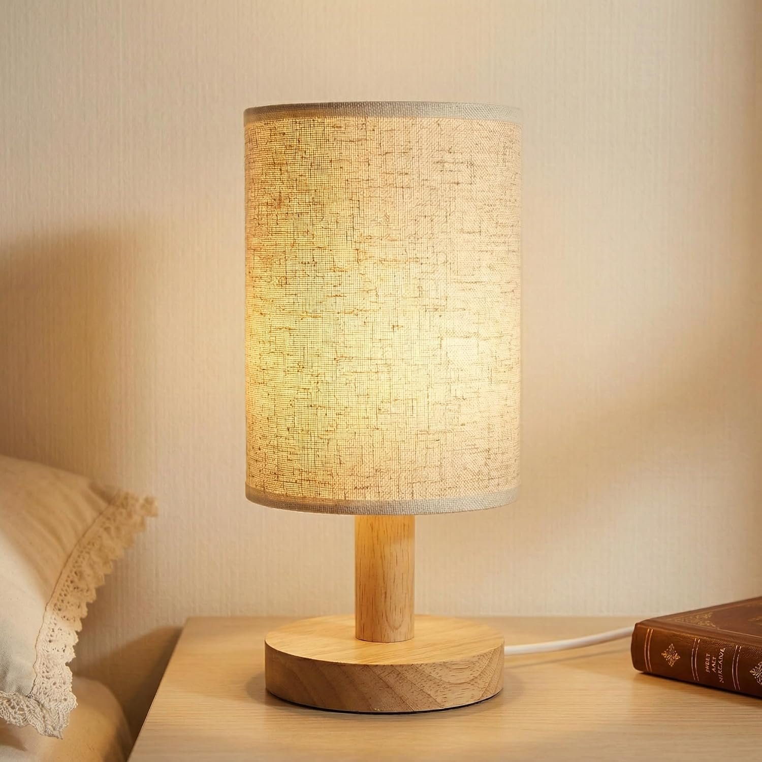 Touch Bedside Table Lamp – Stepless Dimming USB Powered, Minimalist Wood Base Linen Shade, 2700K Warm Light for Bedroom Nightstand Nursery Dorm Small Spaces, 5W LED 50K Hrs (No Bulb Replacement)