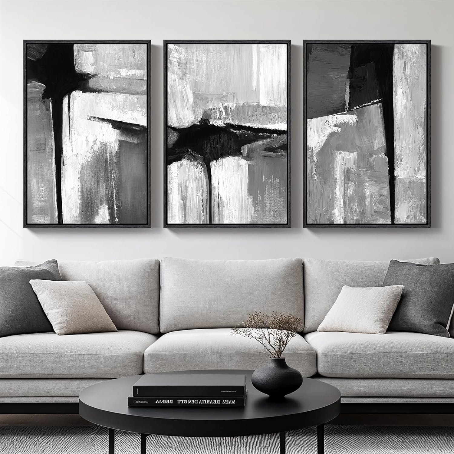 Large Framed Black and White Gray Abstract Wall Art for Living Room, 3 Piece Modern Canvas Prints Paintings Artwork for Walls, Grey Abstract Pictures for Hallway Office Wall Decor 24×36 In
