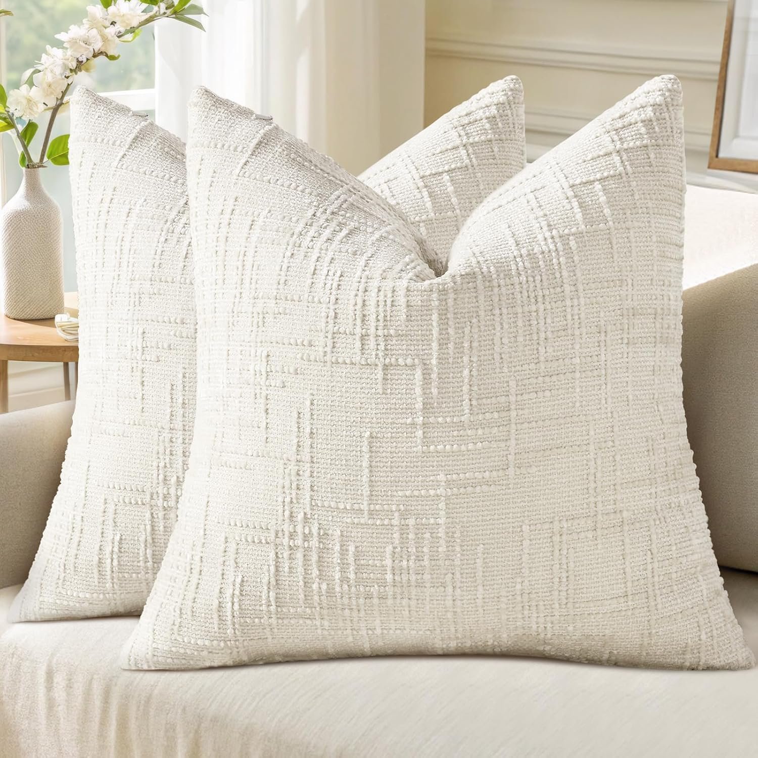 decorUhome Summer Cream White Chenille Throw Pillow Covers 18×18 Set of 2 Textured Cozy Slubby Couch Pillow Covers Modern Farmhouse Boho Decorative Pillow Cases for Bed Sofa Living Room