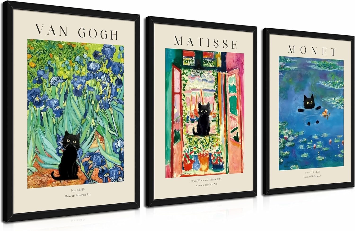 Wood Framed Monet Wall Art Set of 3 – Van Gogh Black Cat Flower Field Canvas Paintings Prints, Matisse Abstract Black Cat Aesthetic Pictures for Room Bedroom Living Room Bathroom 12×16 in