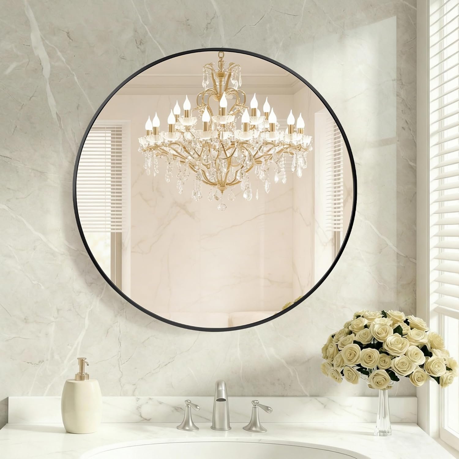 DUMOS 30 Inch Round Wall Mirror, Bathroom Mirror with Metal Frame, HD Reflection Shatterproof Glass Vanity, Decor for Bathroom Vanity Bedroom Entryway, Black