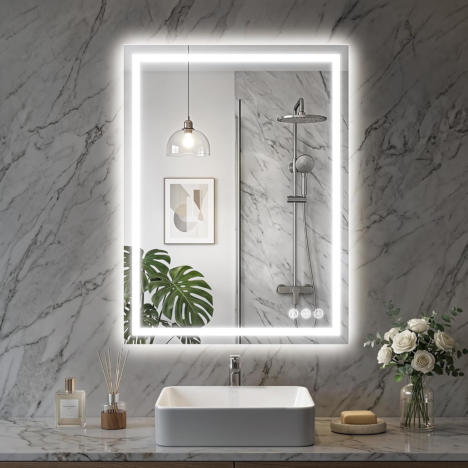 LED Bathroom Mirror, 24″x36″ with Frontlit and Backlit Anti-Fog Mirror with Lights LED Vanity Mirror for Bathroom 3 Colors Temperature & Dimmable Bathroom Mirror with HD Tempered Glass