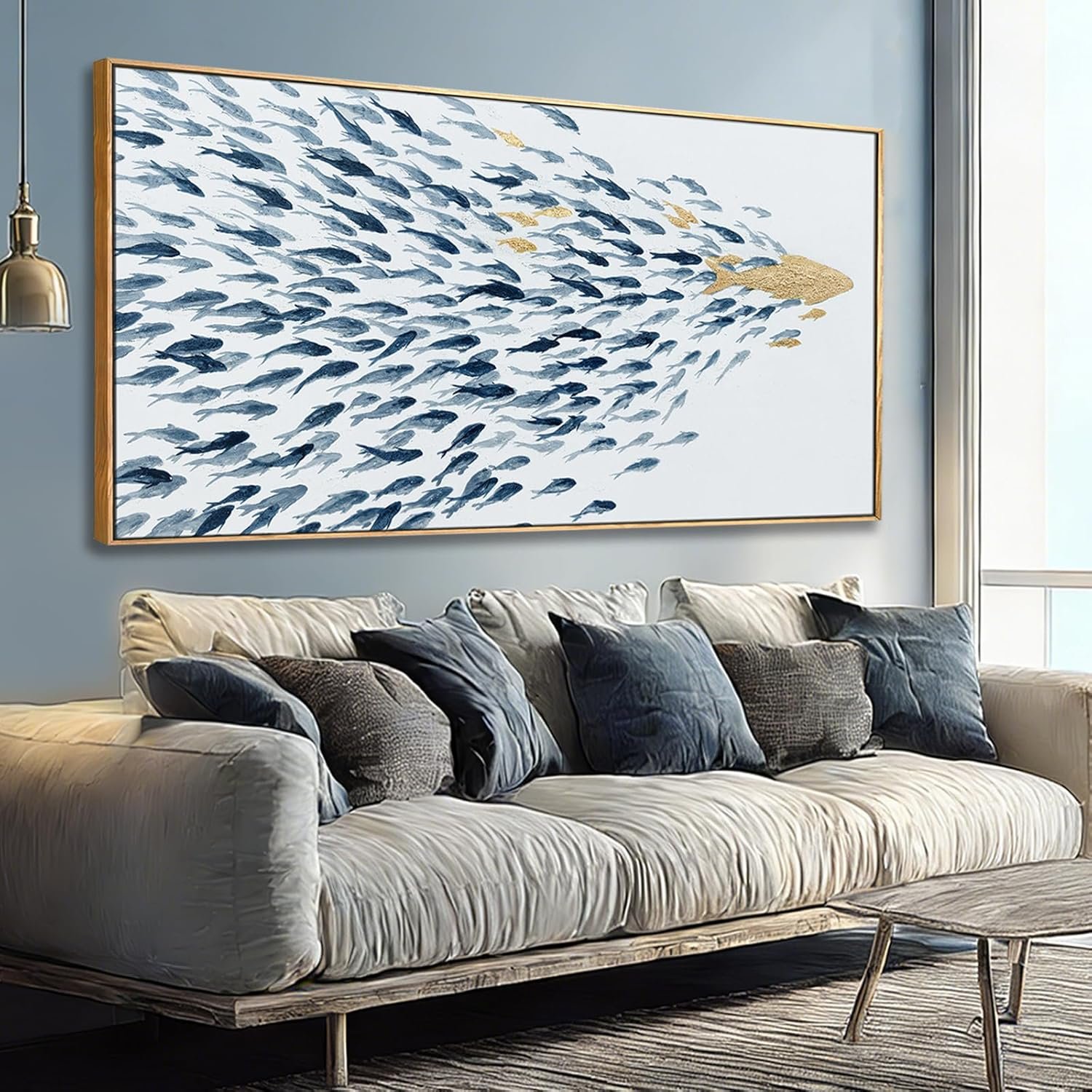 Minimalist Framed Wall Art Fish Animal Ocean Blue Gold Modern Canvas Prints 29″x58″ Large Pictures Artwork for Living Room Kitchen Wall Art Decor