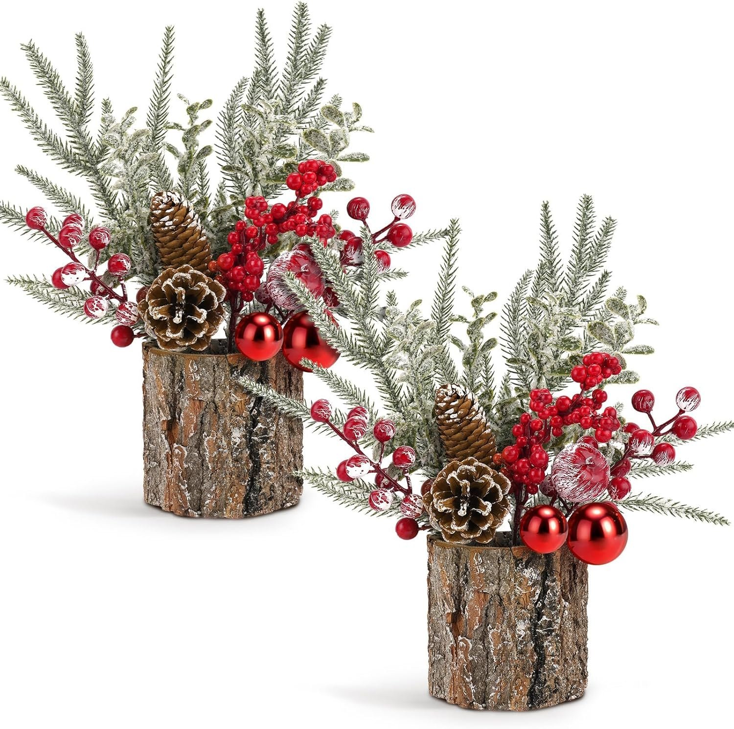 Small Christmas Table Centerpiece with Pinecones & Red Berries, Rustic Farmhouse Christmas Centerpieces for Coffee Bar, Mantel, Kitchen Island, Window Sill & Entryway Table Holiday Decor (2pcs