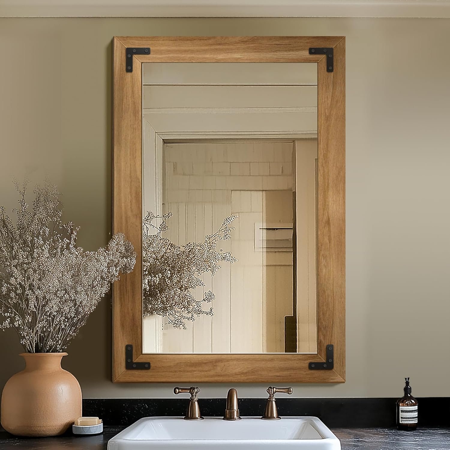 Bathroom Mirror for Wall with Wooden Frame, 36″x24″ Solid Wood Vanity Mirror for Farmhouse, Bathroom, Bedroom Decor, Vertical or Horizontal Hanging