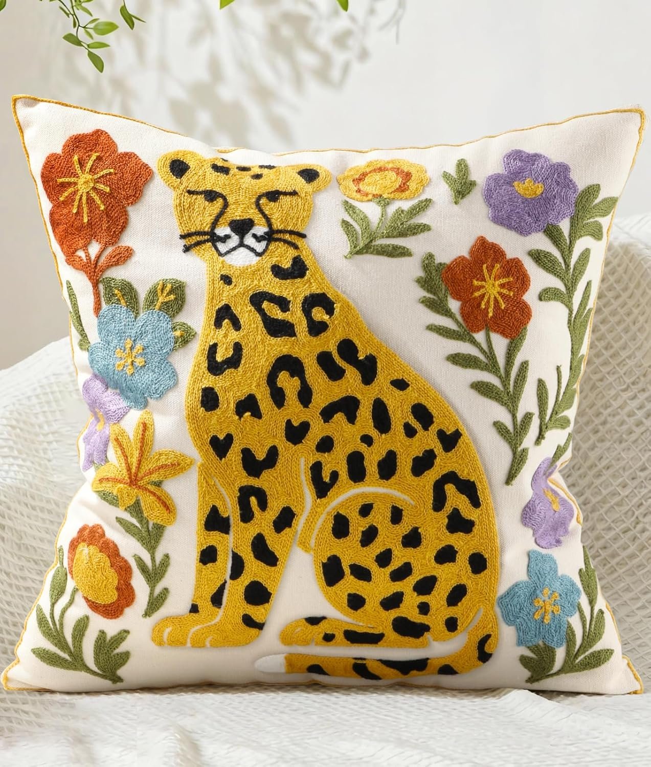 Embroidered Throw Pillow Cover 18×18 Inch – Summer Boho Decorative Animal Pillow Covers with Zipper for Couch Sofa Bedroom Living Room Farmhouse Cushion Pillowcase, Leopard Floral