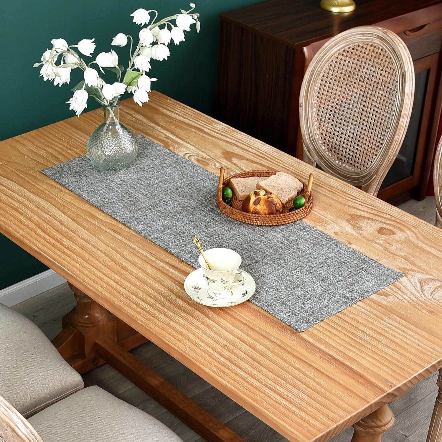 Farmhouse Rustic Faux Linen Table Runner Neutral Grey Table Runners Double Layer Reversible Rectangle Runners for Daily Use Kitchen Dining Banquet Holiday 13×36 Inch