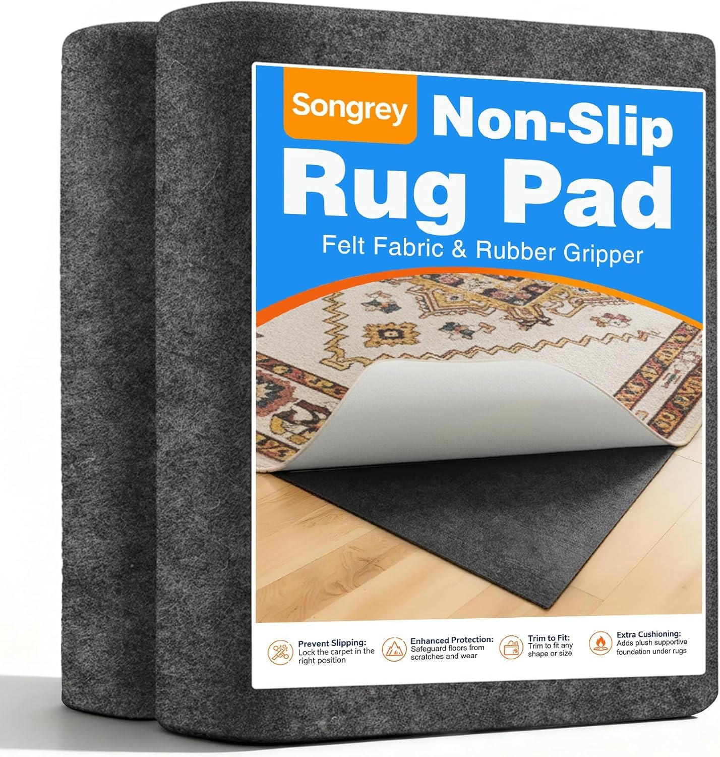 Songrey Non Slip Rug Pad Gripper 8×10 Ft, Thick Felt Fabric with Anti Skid Backing, Carpet Pad for Hardwood Floors, Keep Area Rugs in Place and Safe