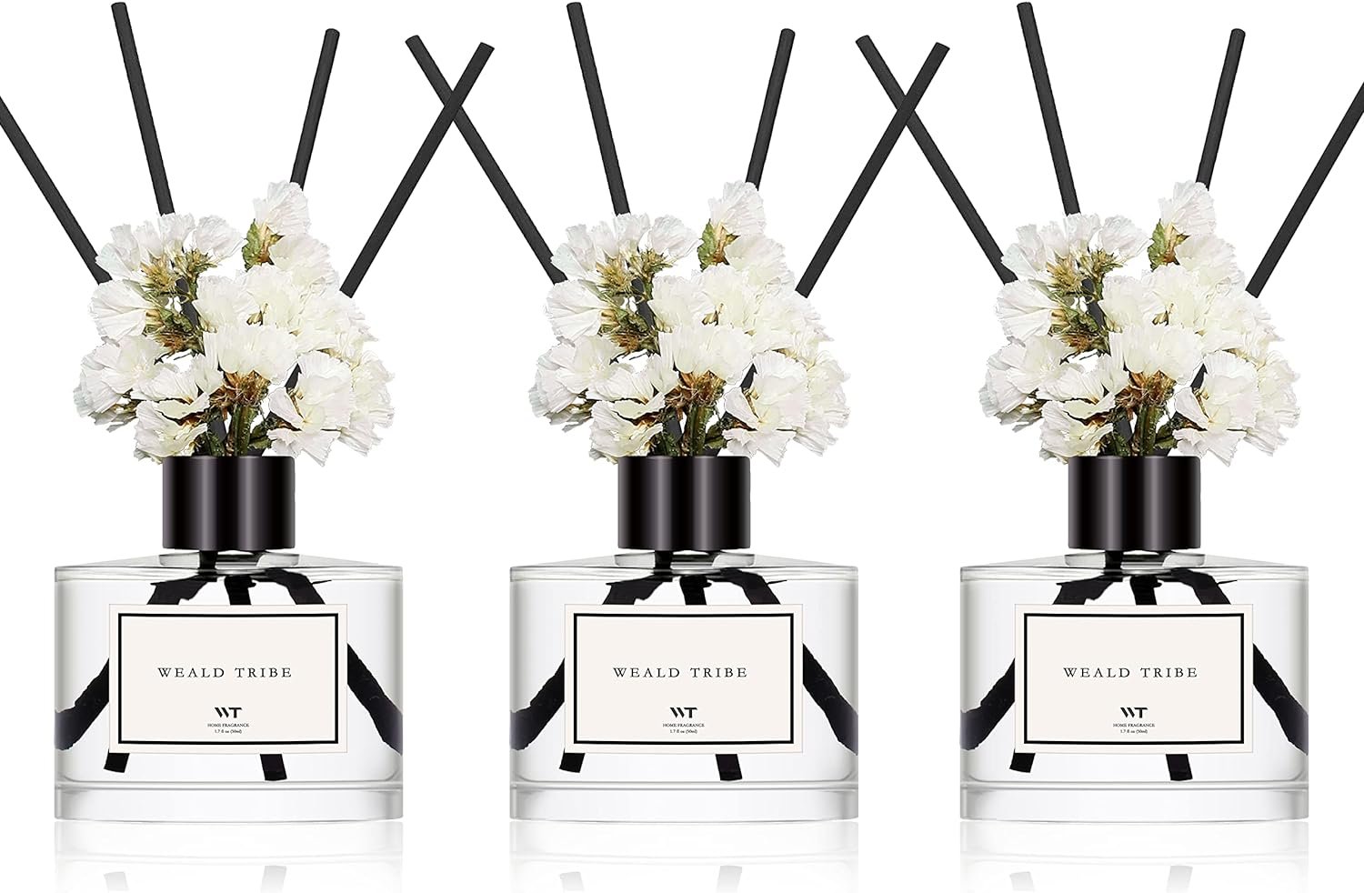 WEALD TRIBE Real Flower Reed Diffuser Set of 3 for Bathroom Air Fresheners, Oil Defusers | Fresh Linen/Ocean/Eucalyptus & Mint Scent(1.7 fl oz Each Pack) Home Fragrance with 12 Stick | Shelf Decor
