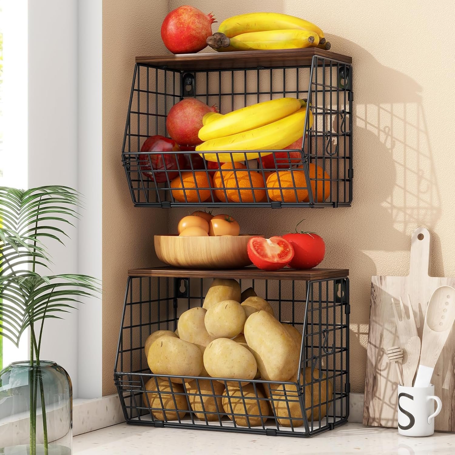 Mefirt 2pcs Fruit Basket Kitchen Storage Basket with Wood Lid, Stackable Wall Basket Fruit Basket for Kitchen, Countertop Organizer for Snack, Fruit and Veggie Storage, 11.8 x 7.9 x 8.5 Inch