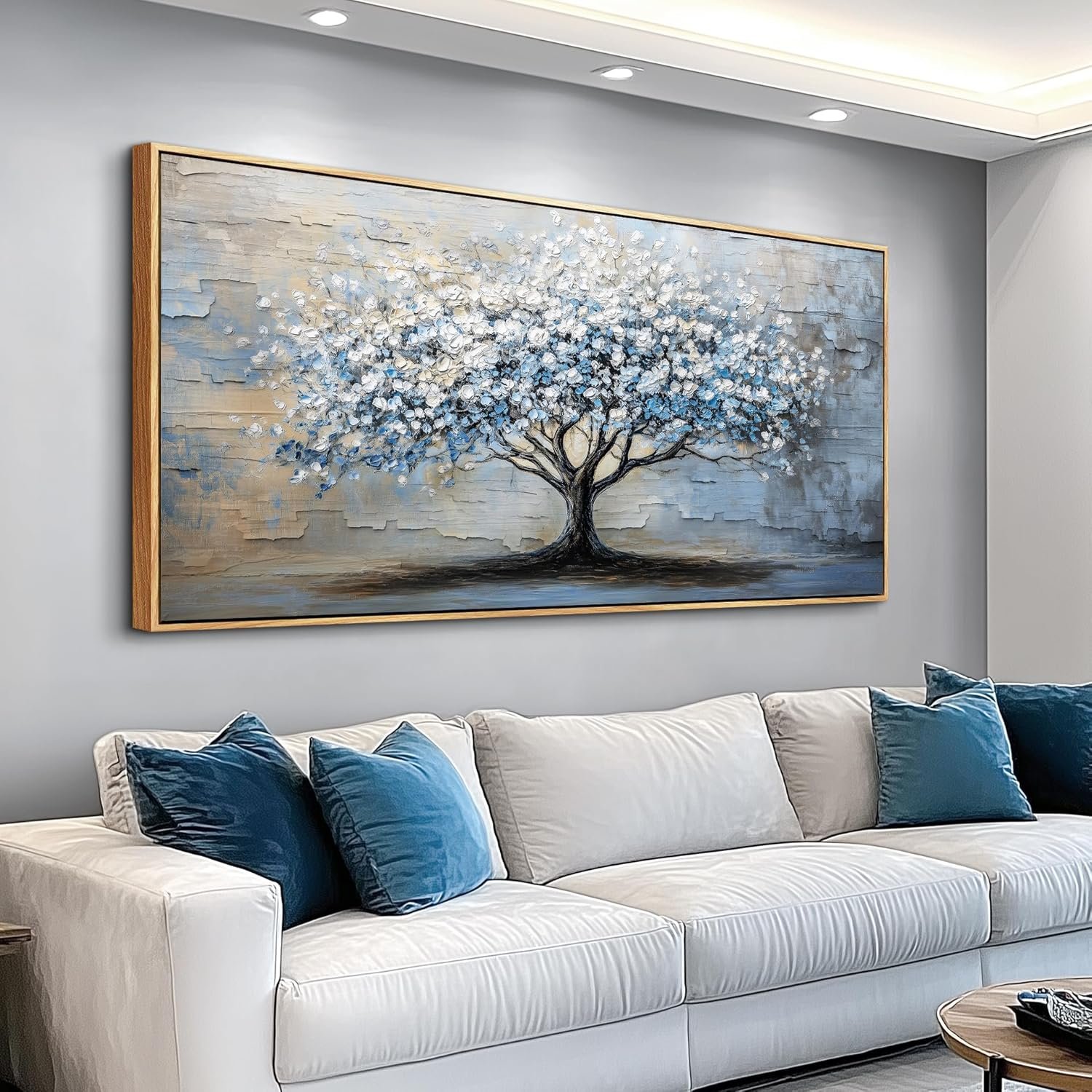 ERQINHUA Abstract Wall Art Living Room Large Wall Decor Wood Framed Art For Office Wall Pictures Blue Grey Tree Painting Canvas Printing Artwork Bedroom Restaurant Home Decoration Aesthetic 30″X60″