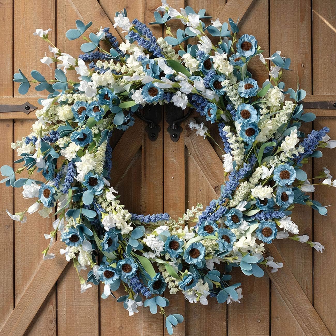 22 Inch Spring Wreath Blue with Green Leaves Wreaths Blue Daisy Artificial Grains White Flower Wreath for Front Door Wreaths, Summer Farmhouse Decor Indoor&Outdoor Wedding Wall Home
