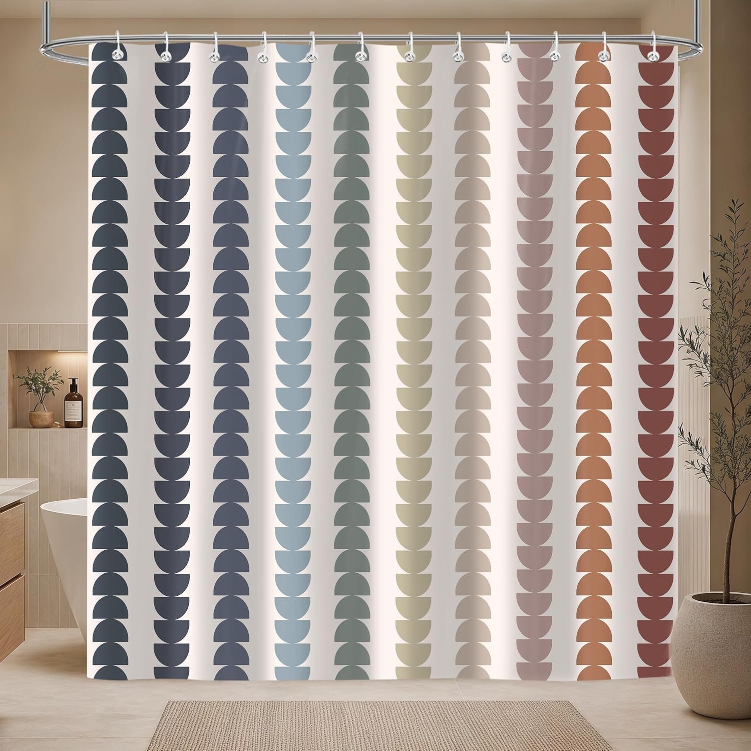 Modern Retro Geometric Shower Curtain, Aesthetic Minimalist Mid Century Shower Crtains Decor for Bathroom Set, Washable Fabric Waterproof with Hooks 72×72