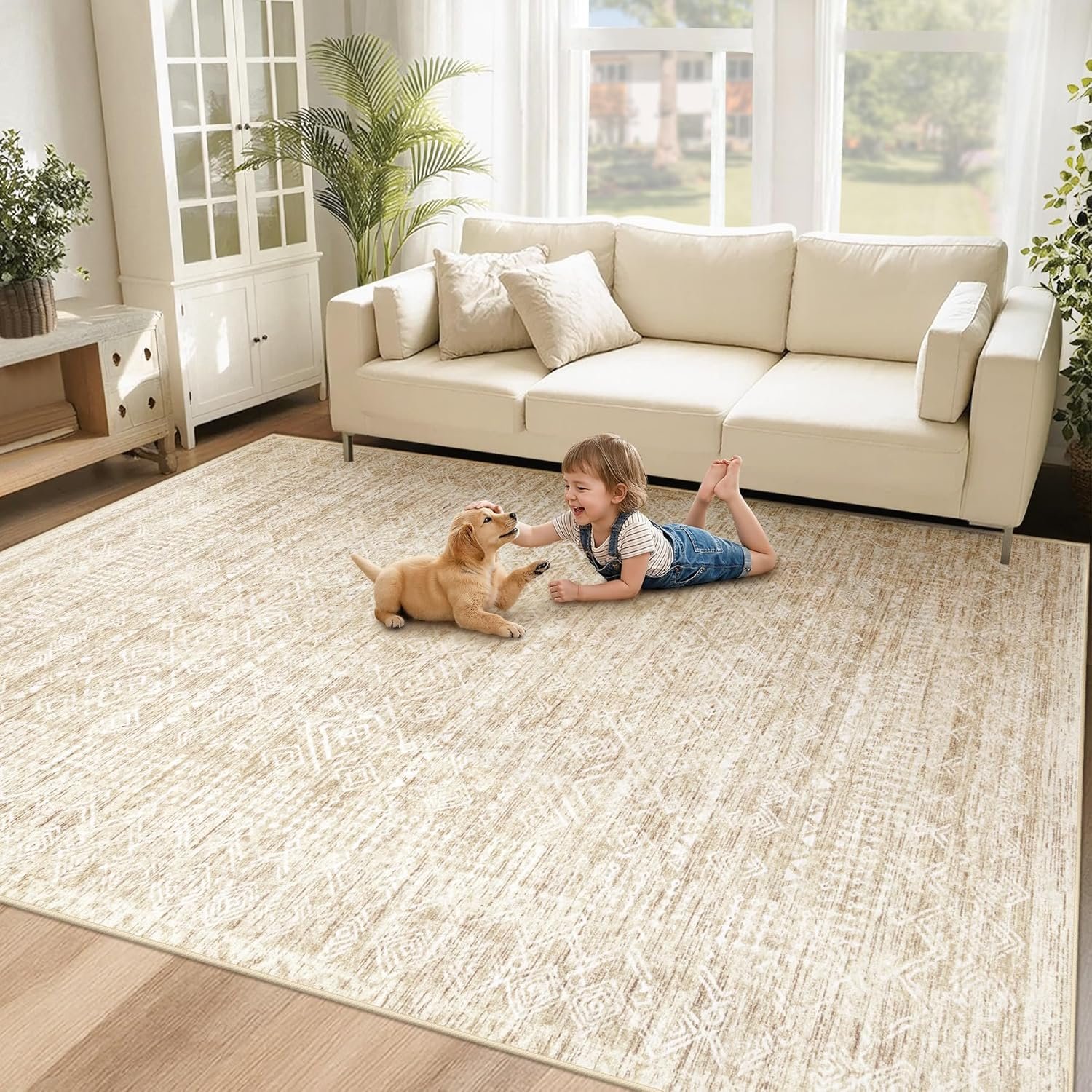 Washable Area Rug 5×7: Moroccan Rug for Living Room Geometric Boho Rug Farmhouse Non Slip Stain Resistant Rugs Low Pile Soft Carpet for Bedroom Dining Room Home Office Children Room (Beige,5’x7′)