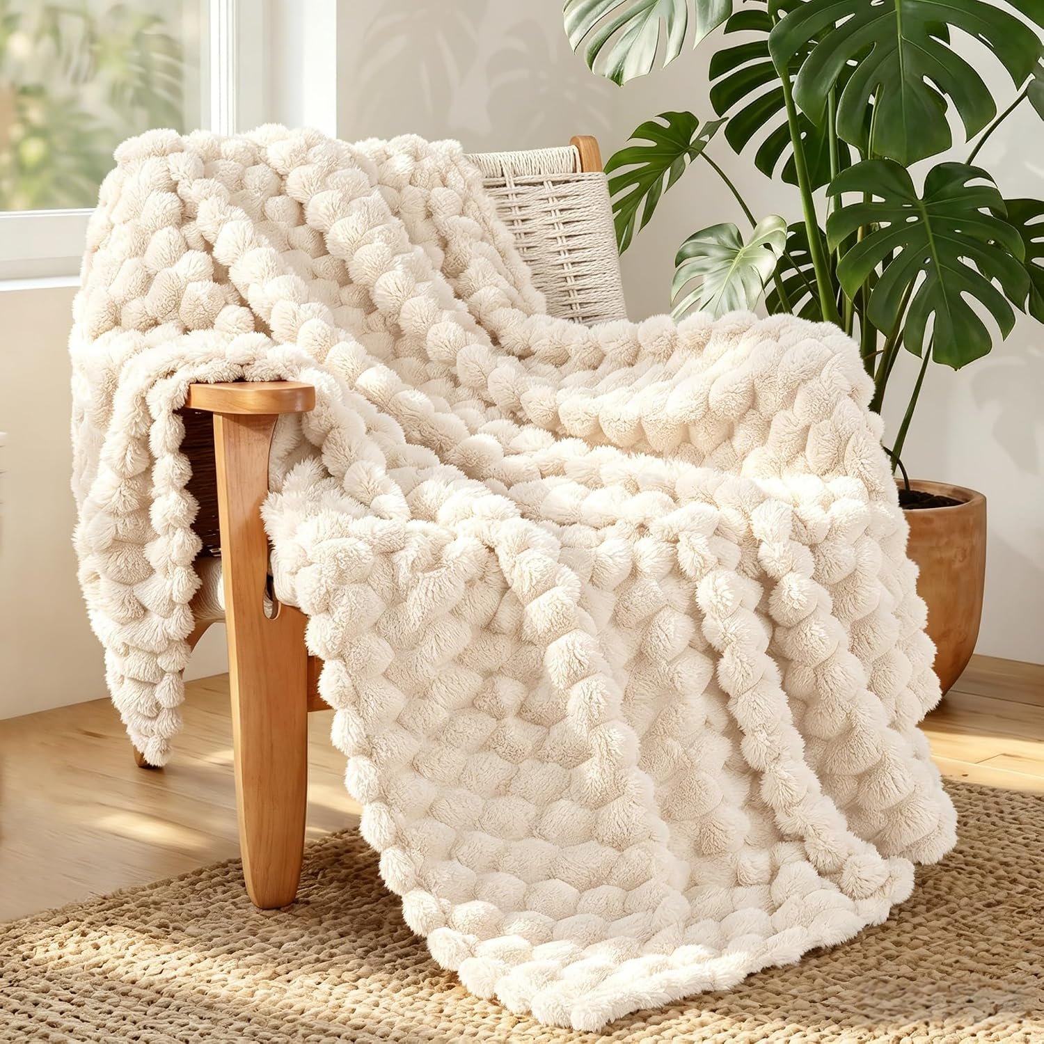 Whale Flotilla Fleece Throw Blanket for Couch or Bed, Luxury Super Soft Lightweight Summer Blanket, 3D Jacquard Cozy Fluffy Plush Decorative Sofa Chair Blanket for Mom Dad, 50×60 Inch, Ivory