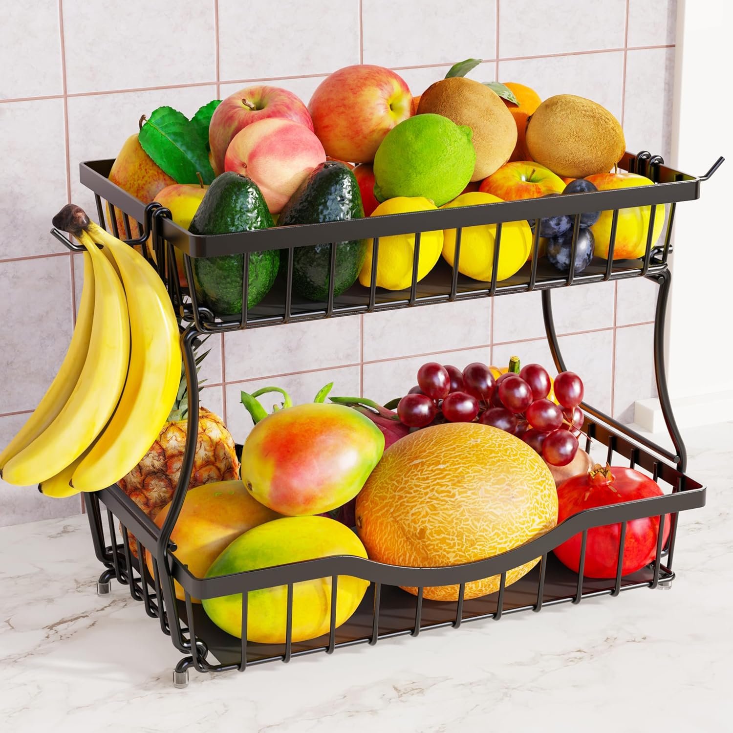 Large 2 Tier Fruit Basket for Kitchen Counter with 2 Banana Hangers, Metal Fruit Bowl with Protection Mats for Vegetable Bread Snack, Black, 14.5″ W x 9.5″ D