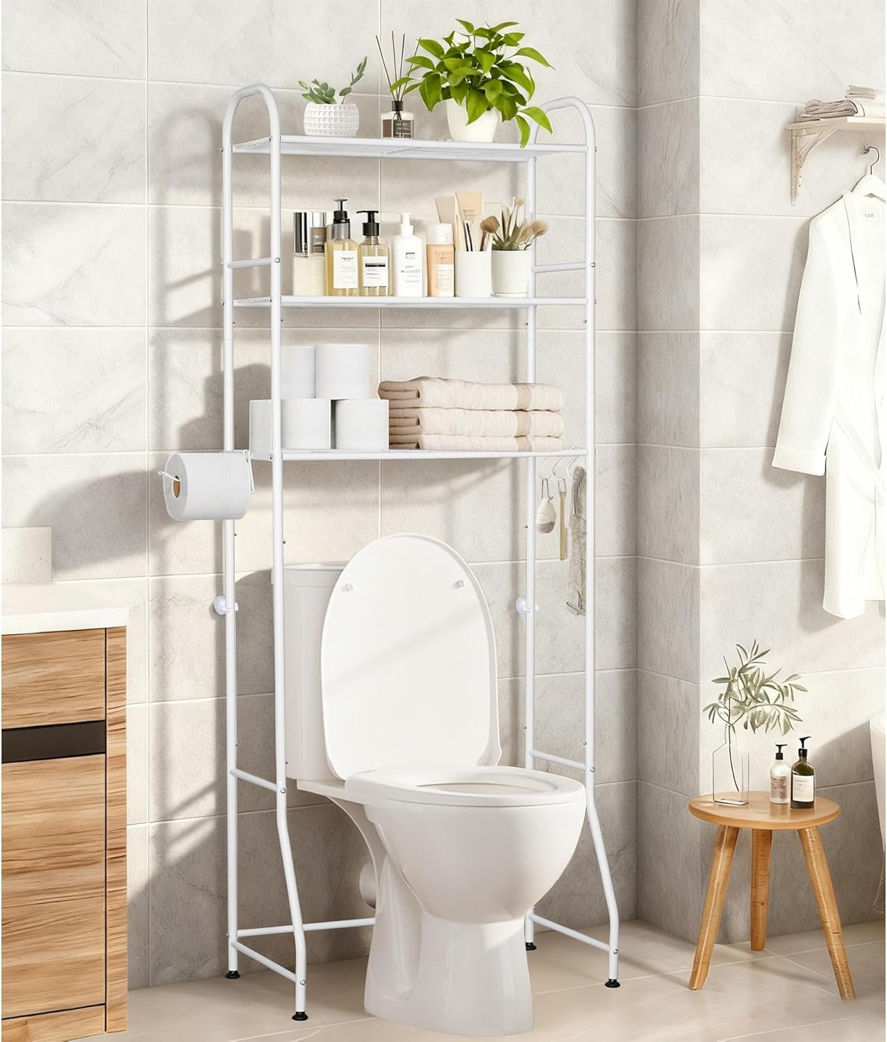 3-Tier Over The Toilet Storage Rack – Freestanding Bathroom Shelf Organizer with Toilet Paper Holder & 3 Hooks, Space-Saving Sturdy Rust-Resistant Design, 62″ H White