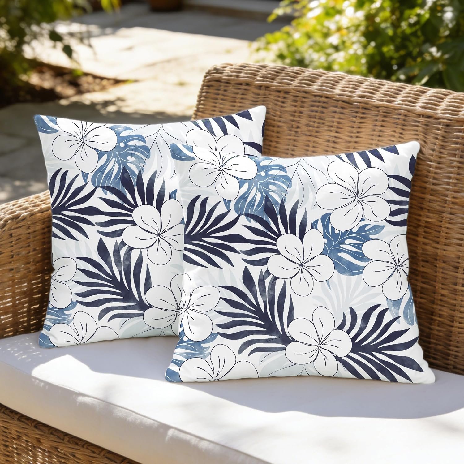 CaliTime Throw Pillow Covers Outdoor Waterproof Pack of 2 Cozy Elegant Fluttering Flowers Leaves Decorative Cushion Cases for Garden Patio Tent Balcony Couch Sofa 18 X 18 Inches Navy Blue