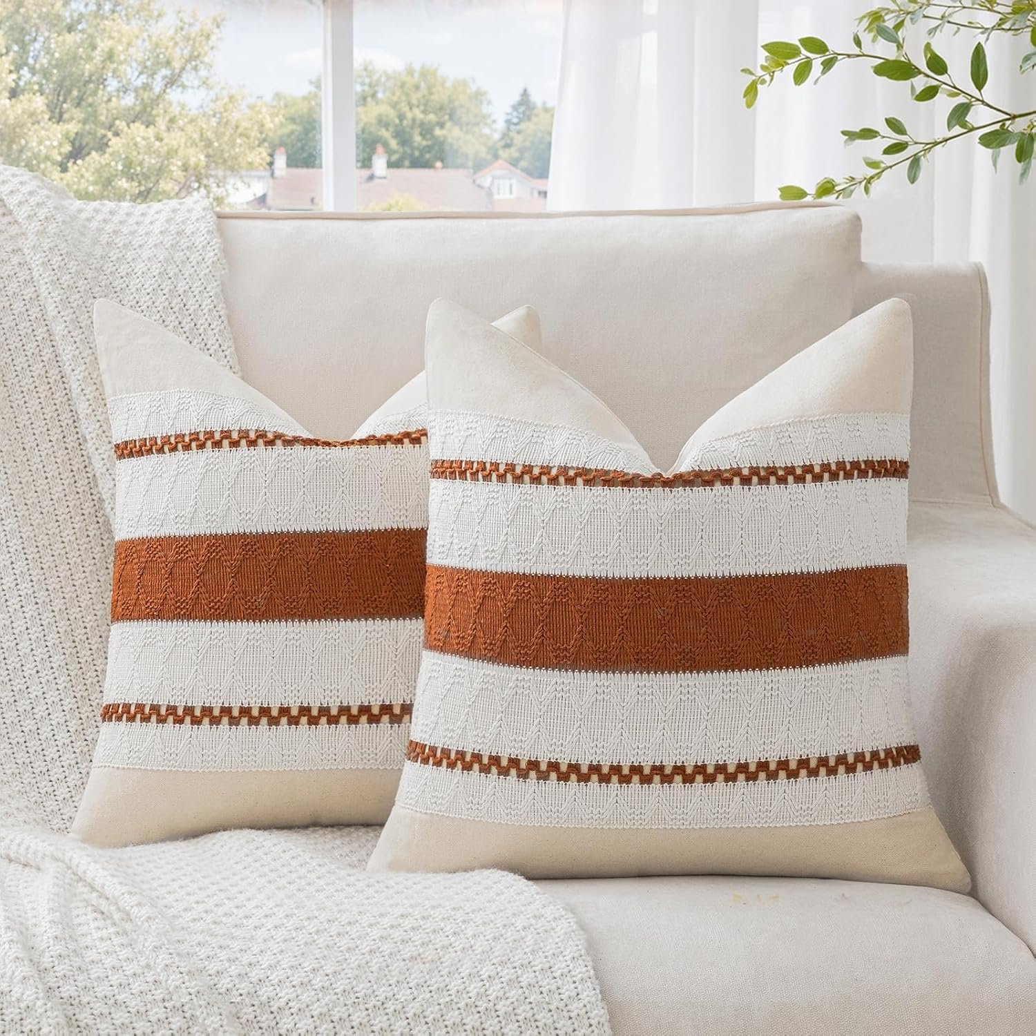 Alsoo Rust Throw Pillow Covers 18×18 Inch Set of 2, Boho Farmhouse Square Fall Decorative Accent Cushion Case for Couch Living Room, Woven Modern Neutral Terracotta Rustic Home Decor