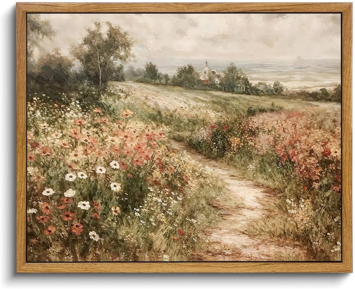 OIQArtOIQ Framed Canvas Wall Art,Vintage Decor,Landscape Nature Country Wildflower Paintings Cottagecore Pictures Modern Artwork Rustic Fall Flower Prints Farmhouse Office Living Room Bedroom Bathroom