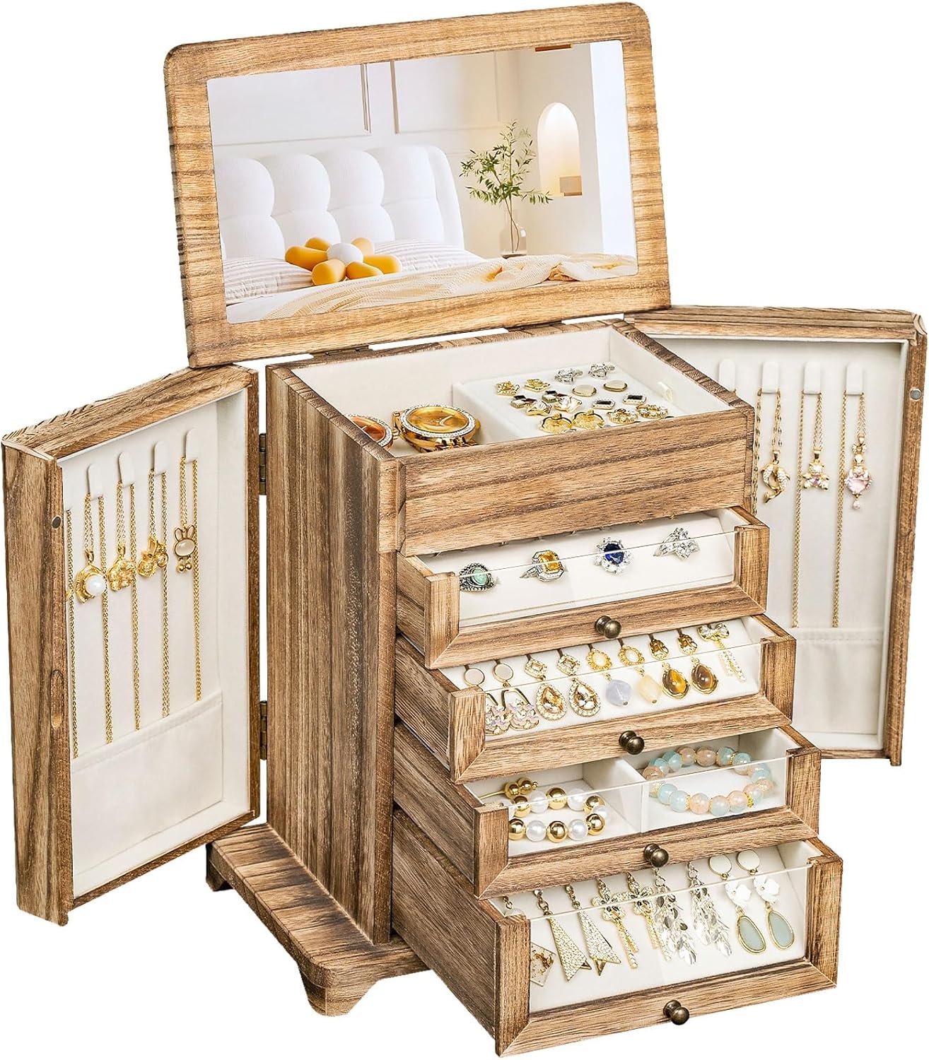 Large Jewelry Box & Organizer for Women, Wooden Jewelry Storage with 4 Transparent Drawers, Holds Necklaces, Rings, Bracelets, Earrings and Watches(Brown)