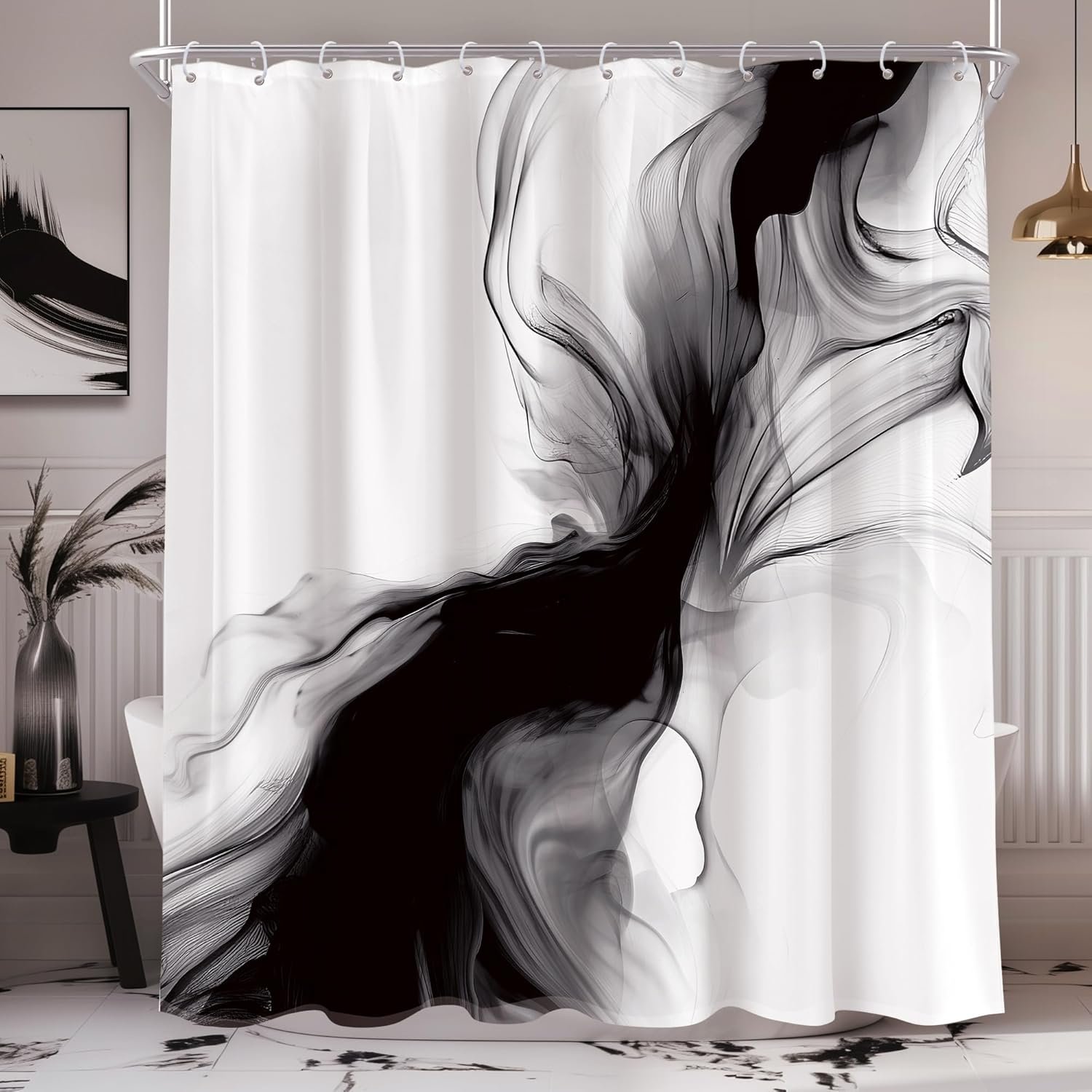 Black and White Shower Curtain 60Wx72H Abstract Bathroom Decor for Men Modern Ombre Grey Minimalist Marble Shower Curtain Set Elegant Ink Texture Neutral Shower Curtain Fabric with 12 Hooks