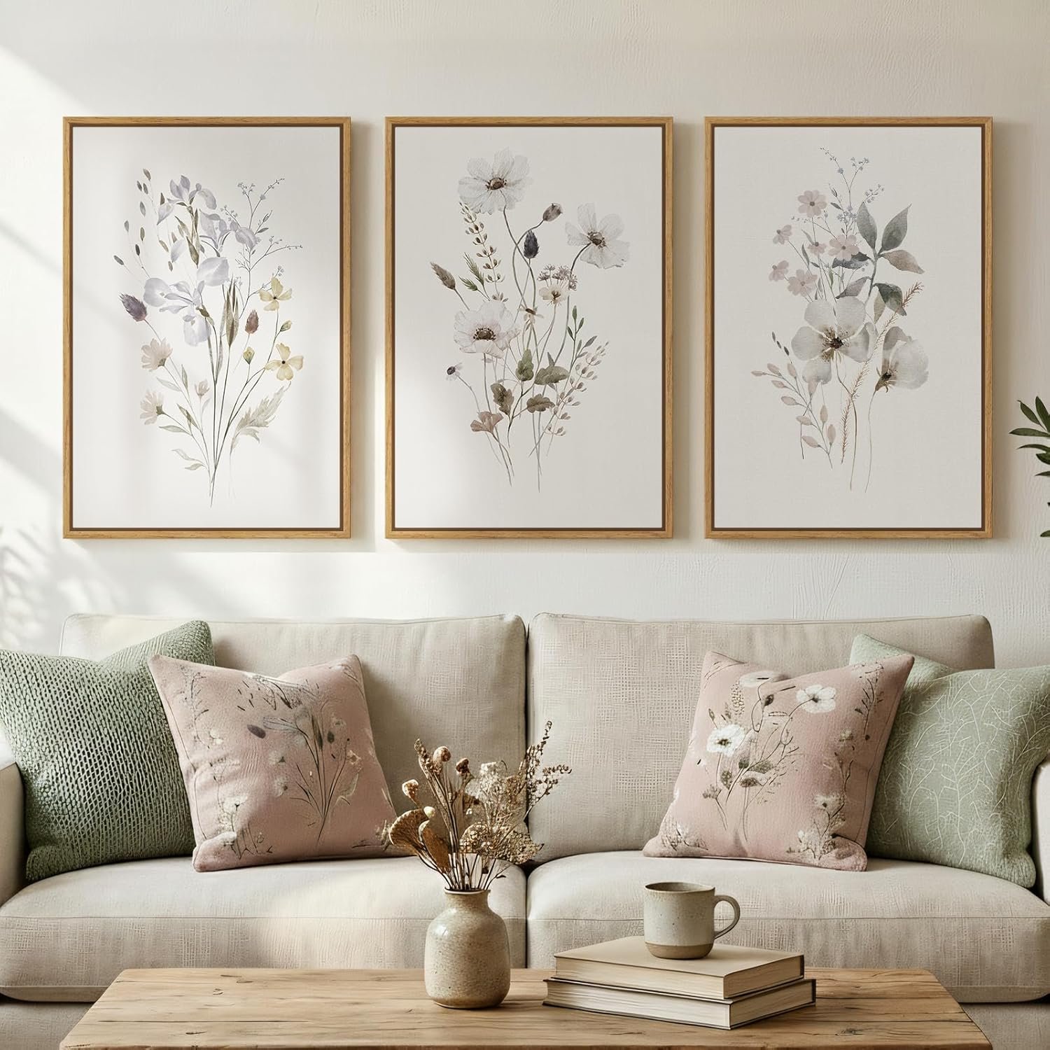 Framed Neutral Botanical Floral Wall Art, 3 Piece Modern Farmhouse Flower Canvas Artwork for Walls, Rustic Minimalist Wildflower Plant Painting Prints for Living Room Bedroom Hallway Home Decor, 16×24