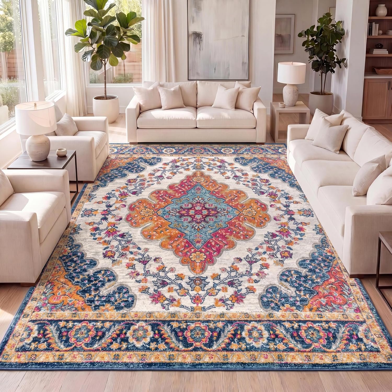 JONATHAN Y Boho Vintage Blue/Multi Indoor Area Rug, 4×6, Bohemian Flair Medallion, Floral Easy-Cleaning High Traffic for Living Room, Bedroom, Kitchen, Pet-Friendly, Non-Shedding (BMF106A-4)