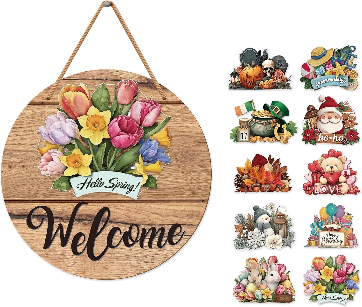 Dibor Interchangeable Seasonal Welcome Sign, Rustic Farmhouse Welcome Sign Front Door Decor, Holiday Round Wall Hanging for Kitchen Outdoor, Home Porch Decor for Spring Summer Fall Winter Christmas, Interchangeable Door Signs, 11.8×11.8 In
