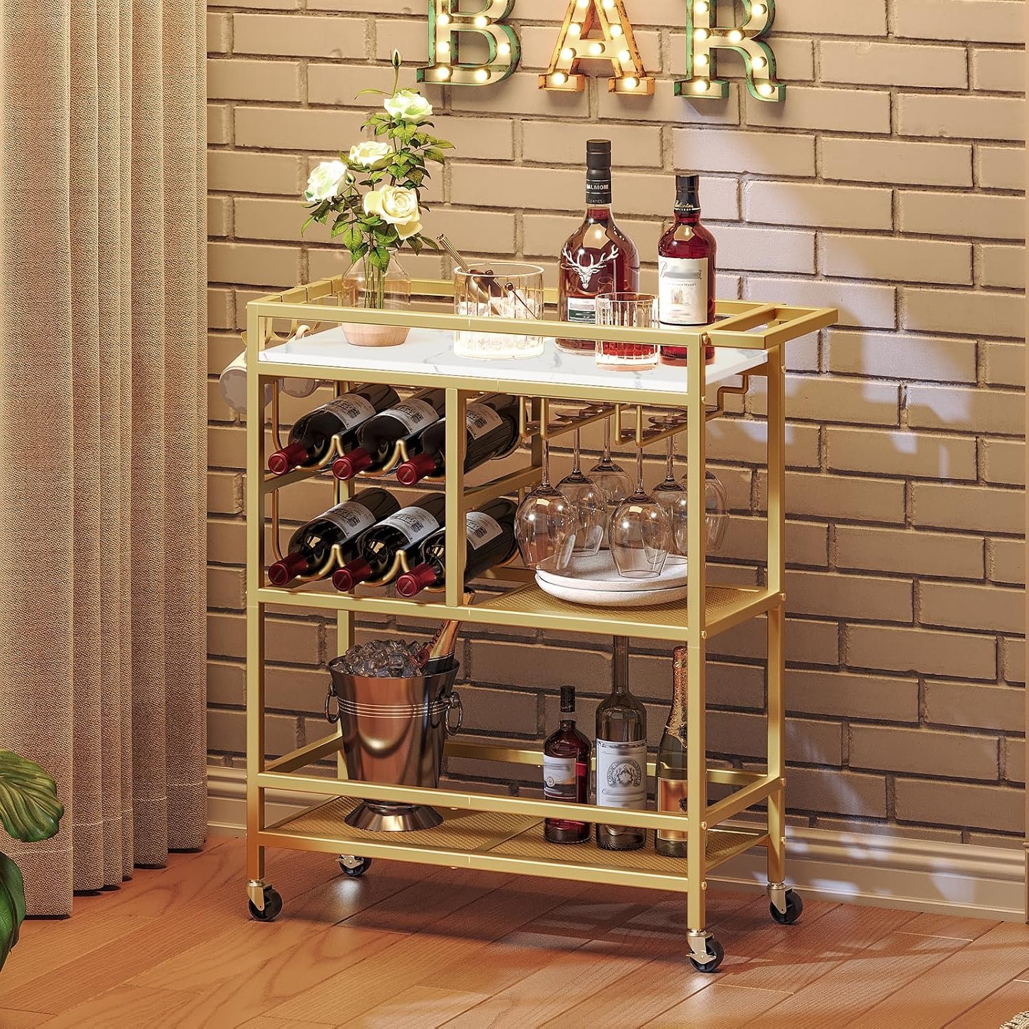 MAHANCRIS Bar Cart for Home, 3-Tier Serving Cart with Wheels and Handle, Beverage Cart with Wine Rack and Glass Holders, Rolling Wine Cart for Kitchen, Dining Room, Gold and White RCJM6101