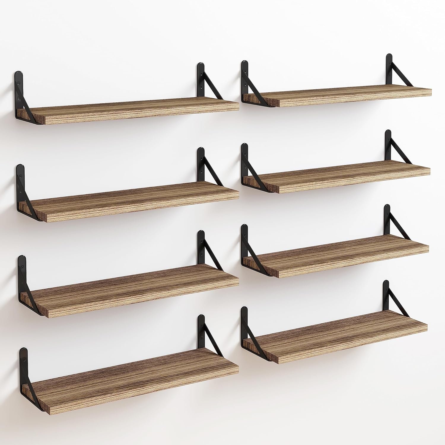 Fixwal Shelves for Room Wall, Width 4.75in Rustic Wood Wall Storage, Floating Shelves for Bedroom, Living Room, Kitchen, Bathroom, Office Decor and Plants Display (Set of 8 Carbonized Black)