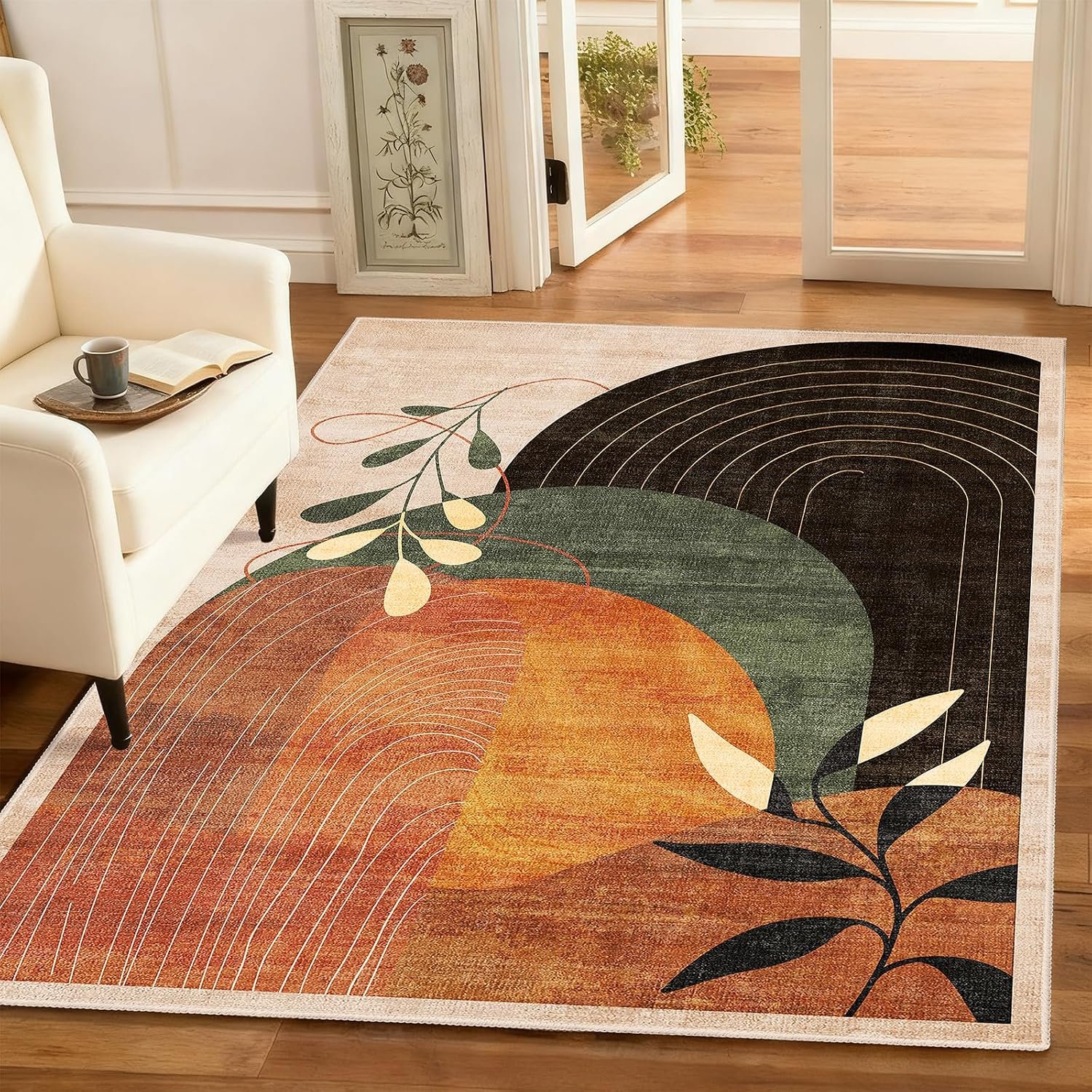 MUJOO 3×5 Washable Rugs,Boho Large Area Rug for Entryway Kitchen Entry Bedroom Bedside Foyer,Small Throw Carpet Indoor Non Slip Mid Century Modern Abstract Botanical Geometric Accent Terracotta