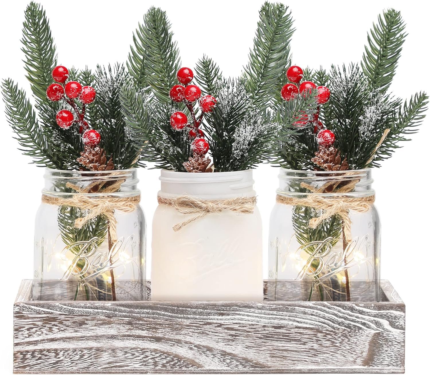 Winter Mason Jar Centerpiece for Table with LED Lights & Artificial Plants, Set of 3 Farmhouse Decorative Mason Jars for Christmas Home Decor, Winter Kitchen Dining Table Centerpiece
