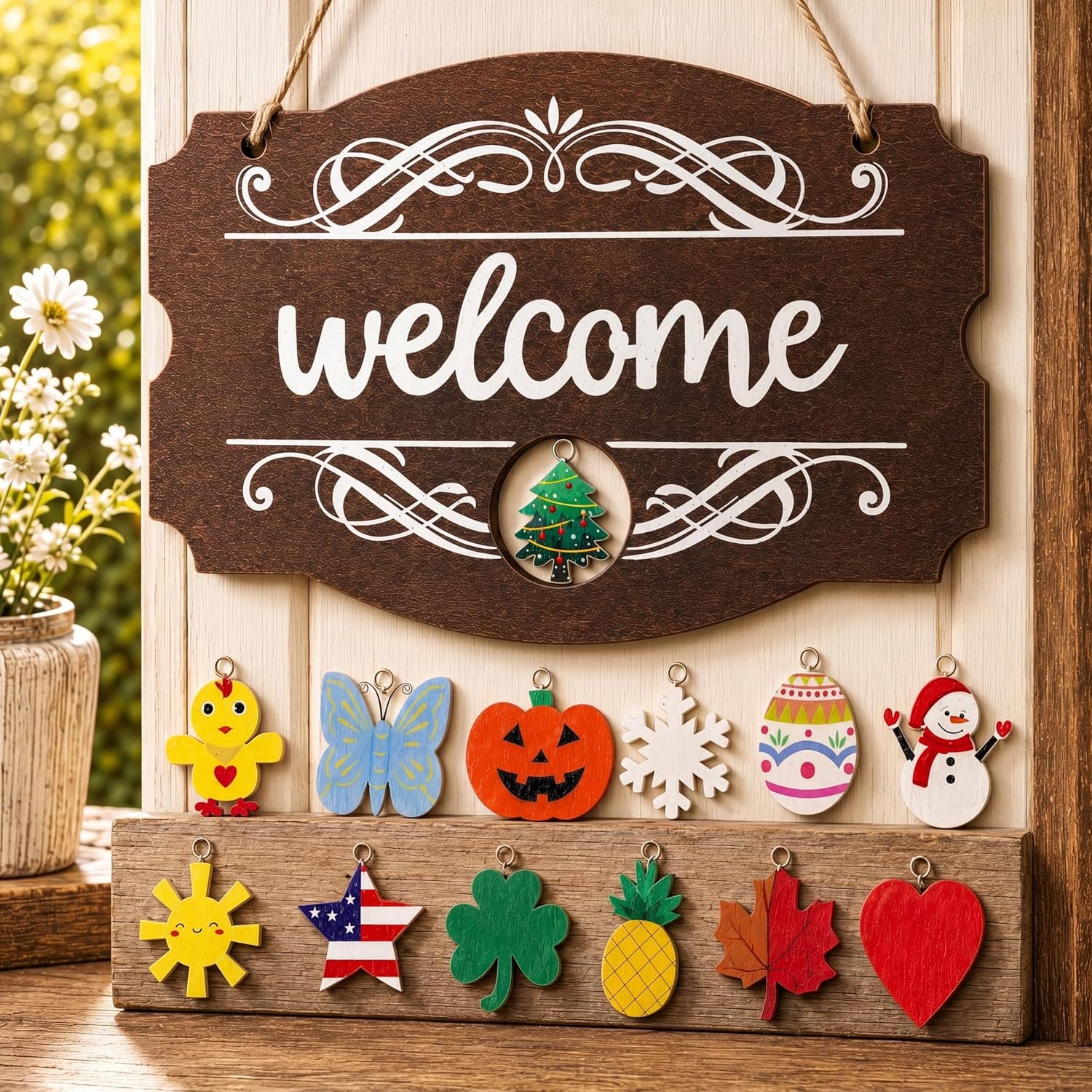 Jetec Interchangeable Seasonal Welcome Sign Front Door Decoration, Rustic Farmhouse Welcome Sign Easter Wood Wall Hanging Outdoor, Porch for Spring Summer Fall Winter (Brown with White Letters)