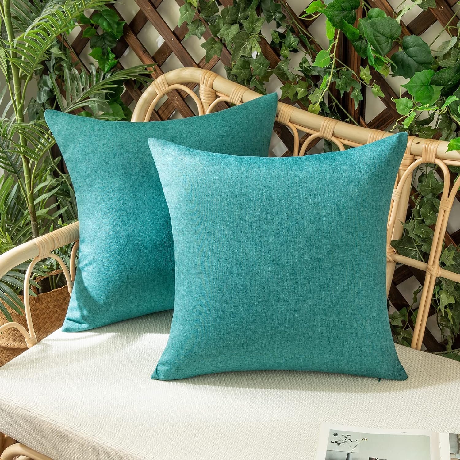 Set of 2 Outdoor Waterproof Throw Pillow Covers Summer Decorative Farmhouse Solid Cushion Cases for Patio Tent Balcony Couch Sofa Car Turquoise 16×16 inch