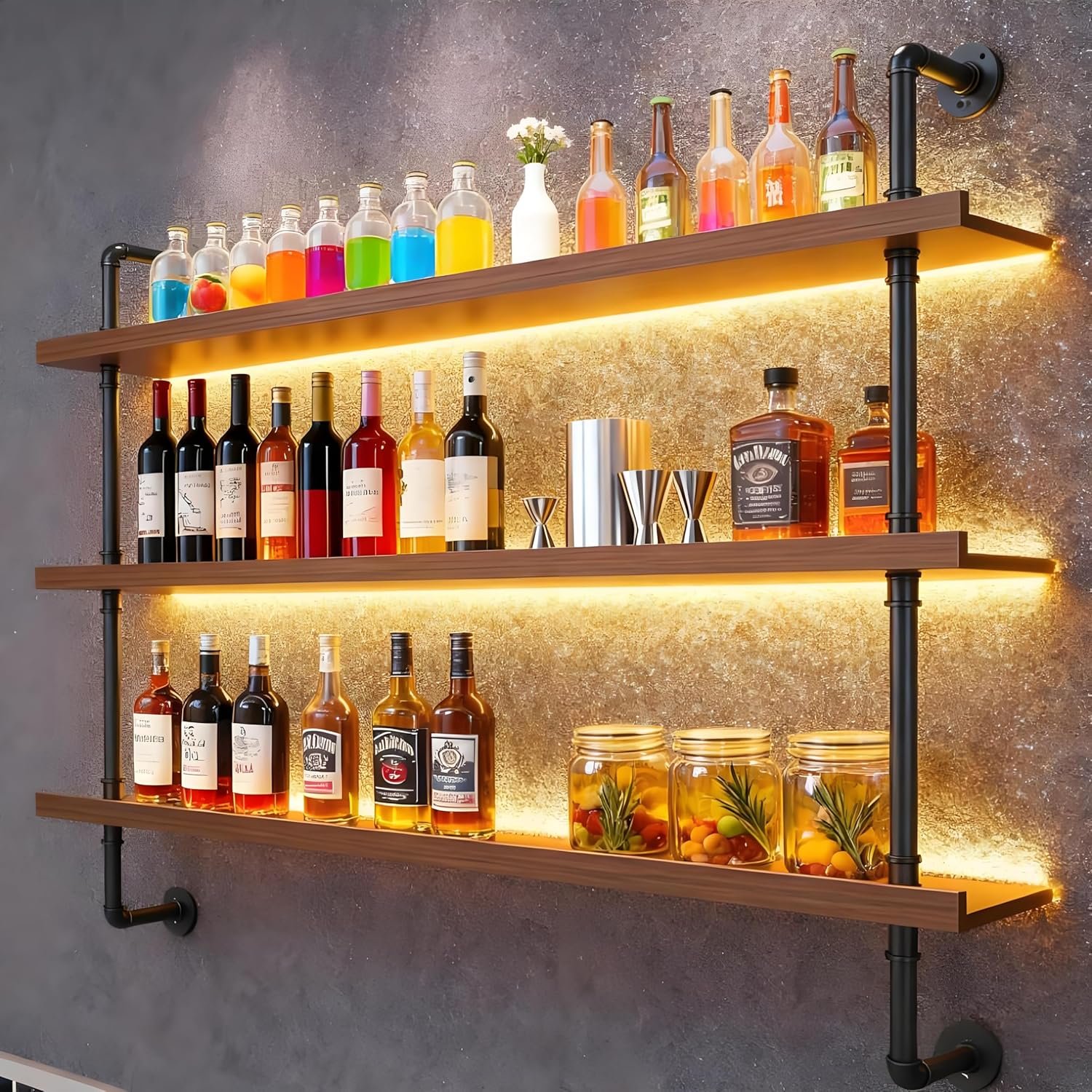 47.2″ Modern Wine Rack Wall Mounted with LED Lights, 3-Tiers Industrial Pipe Liquor Floating Shelves, Rustic Metal Wall Wine Rack for Home, Restaurant, Commercial Bar, Kitchen Storage Display